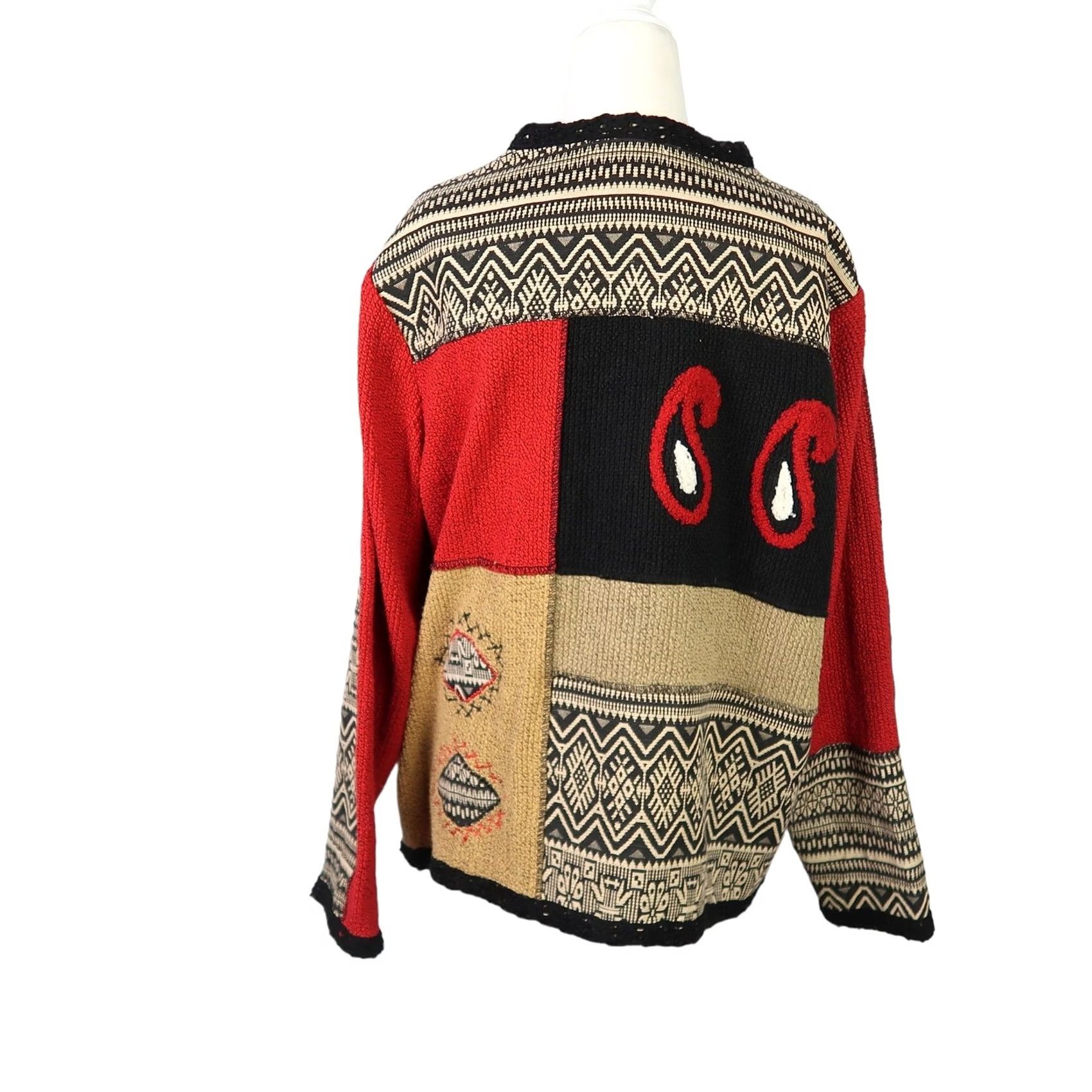 Vintage VINTAGE Jacket Womens L Black 90s Alex Kin red tan paisley geometric print knit Size L / US 10 / IT 46 - 5 Thumbnail