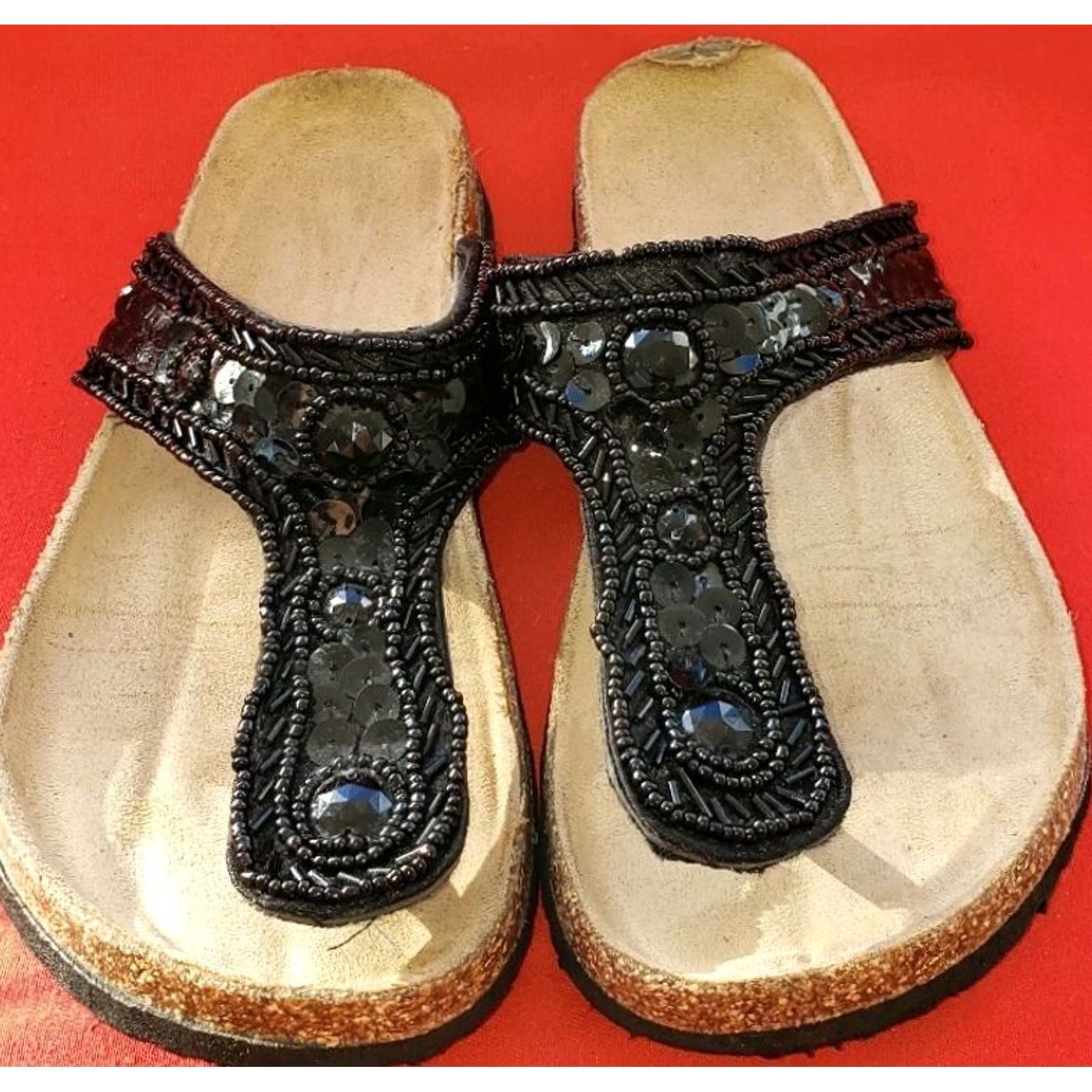 Vintage Women's Black Sandal Size 7-7.5M Toe Post With Sequins And Beads Size US 7.5 / IT 37.5 - 4 Thumbnail