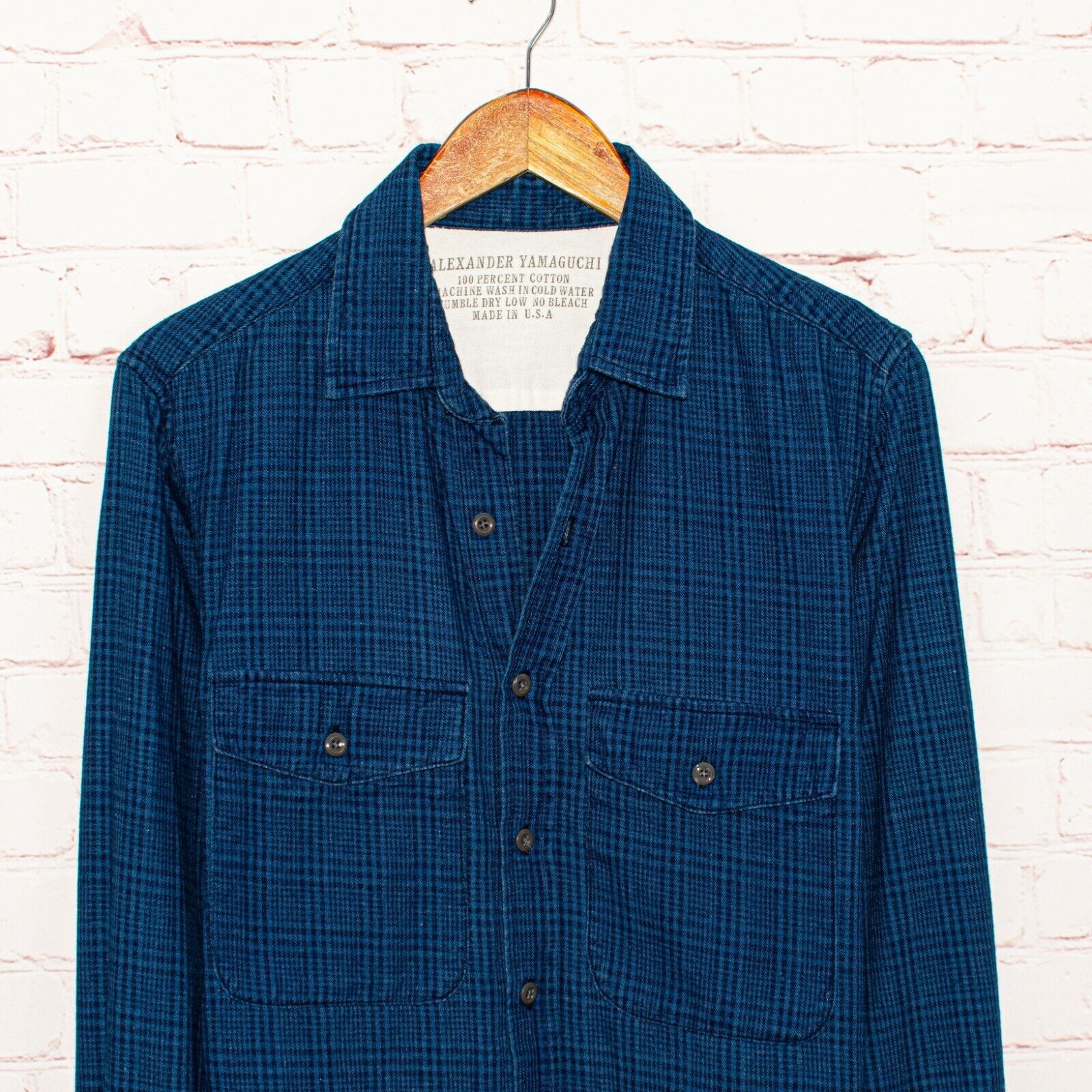 Alexander Yamaguchi Men's Button up Flannel Shirt Blue Plaid