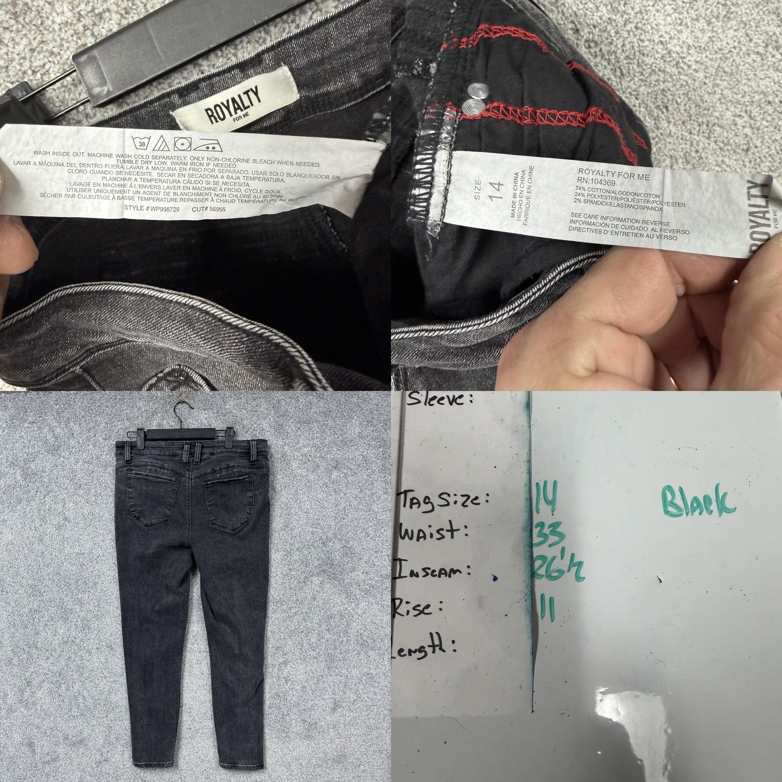 Vintage Royalty For Me Womens 14 Black Charcoal Wash High-Rise Skinny Jeans 33x26.5 Stretch Five-Pocket Denim Size 36" / US 14 / IT 50 - 8 Thumbnail