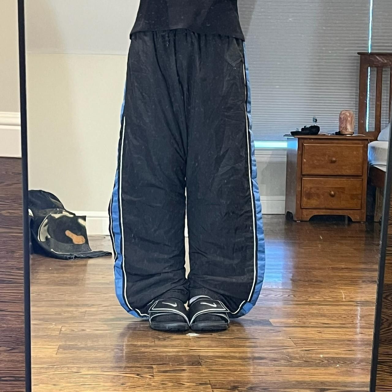 2000s baggy wide leg black reebok striped track pants