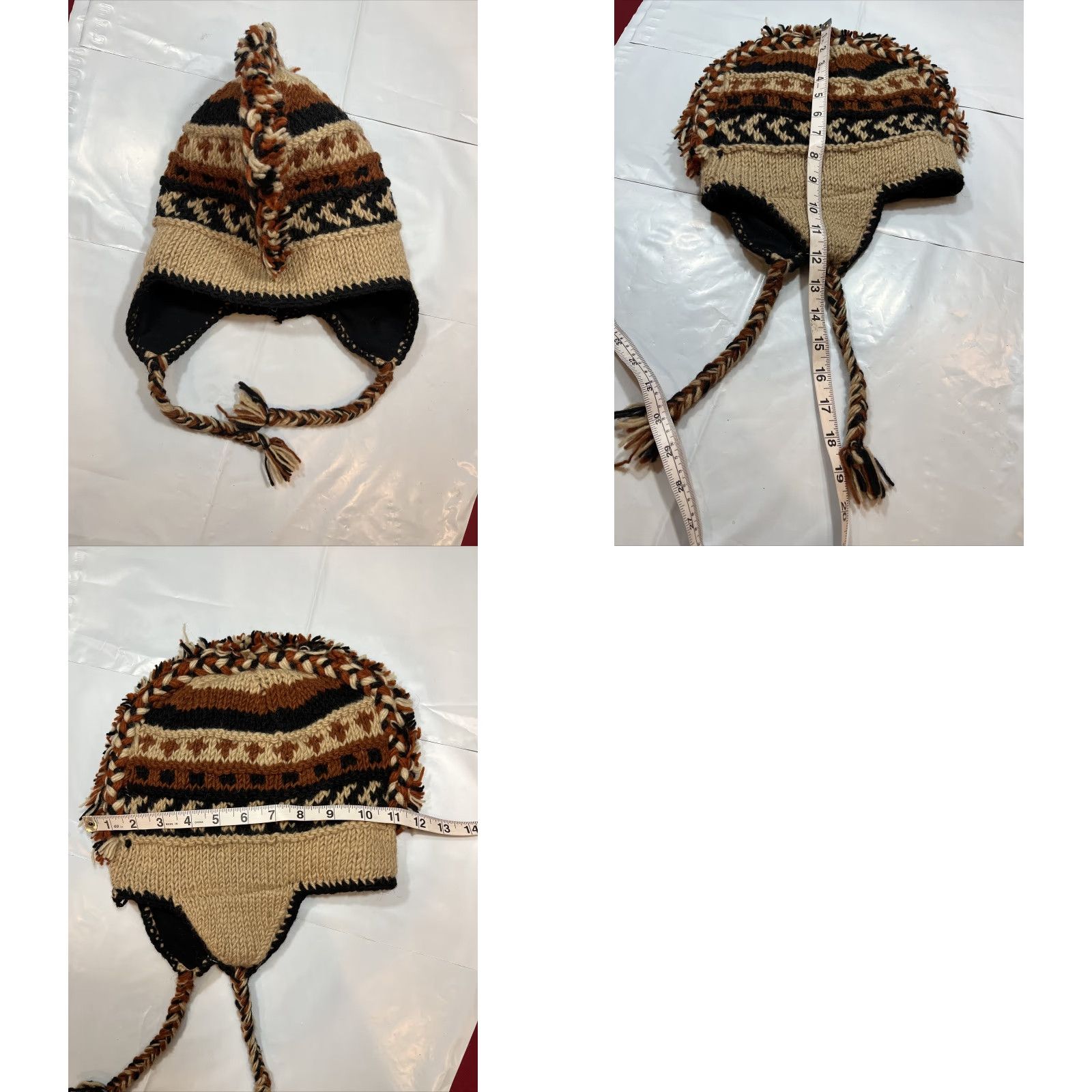Vintage VINTAGE Brown tan WOOL knit HAT ear flaps BRAIDED MOHAWK Long Knit Hang Ties 3D Tribal Size ONE SIZE - 8 Thumbnail