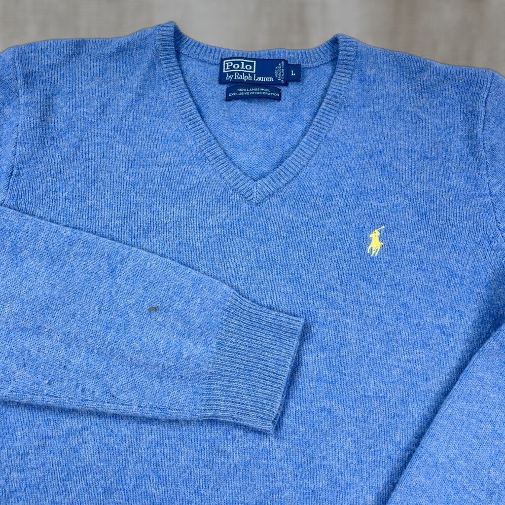 Polo Ralph Lauren VINTAGE Polo Ralph Lauren Sweater Men Large Light Blue Lambs Wool V Neck Pullover VTG Size US L / EU 52-54 / 3 - 1 Thumbnail