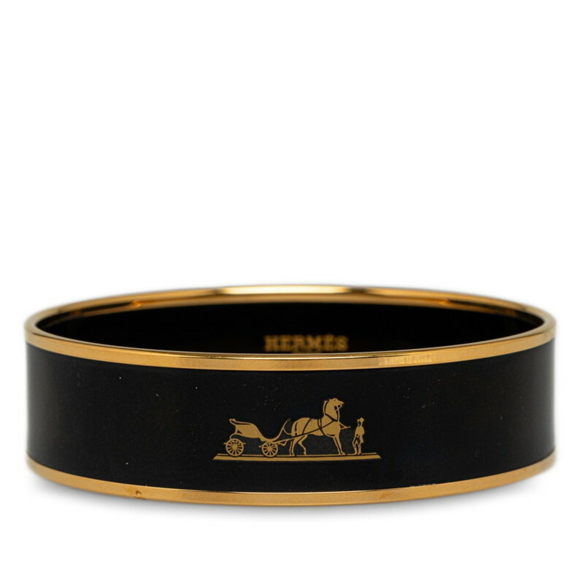 image of Hermes Enamel Gm Caleche Motif Bangle Black Gold Plated Ladies, Women's