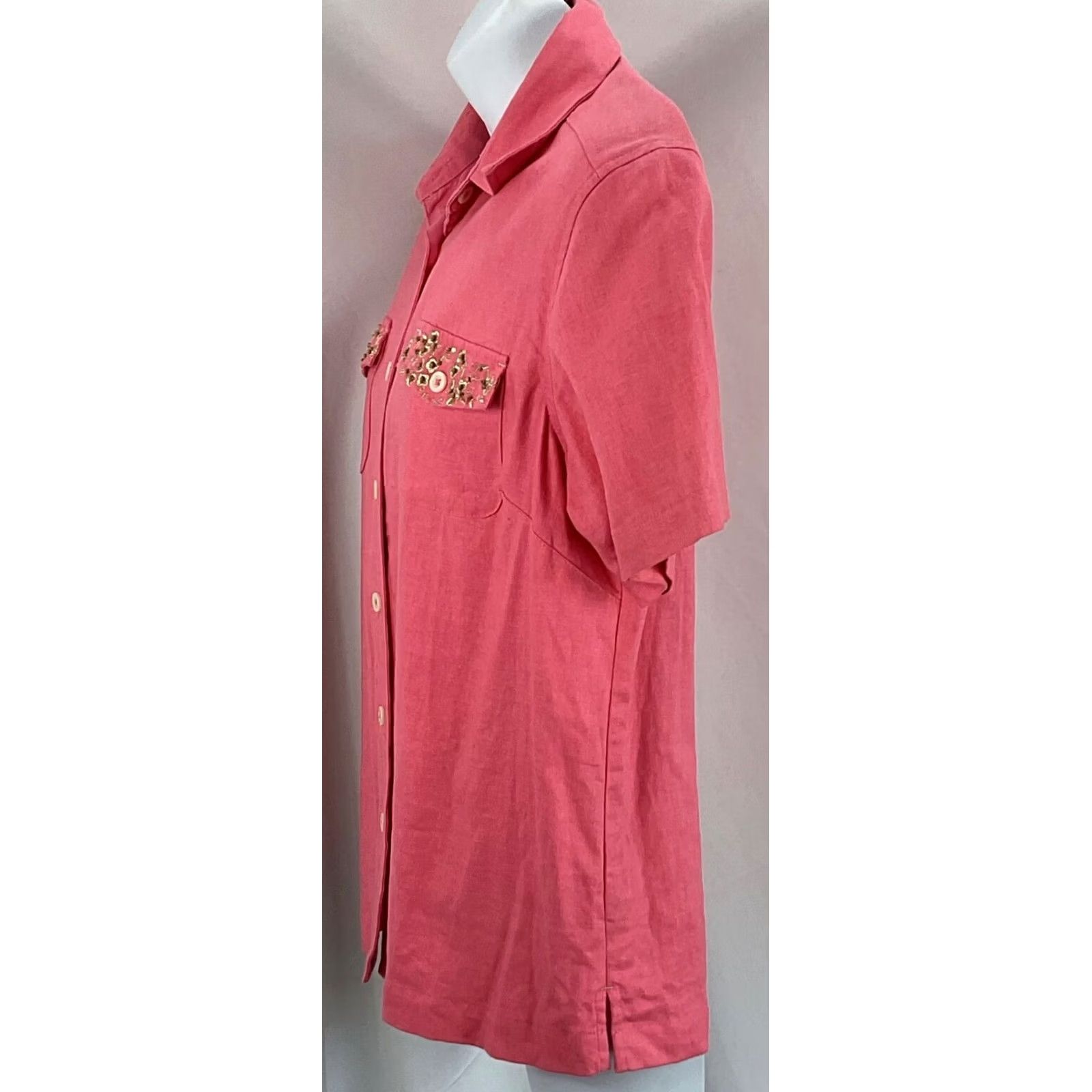 Vintage ERiKa Linen Top S Coral Embroidered Pockets ButtonUp Beaded Cottage Classic Shirt Womens XS? Size S / US 4 / IT 40 - 2 Thumbnail
