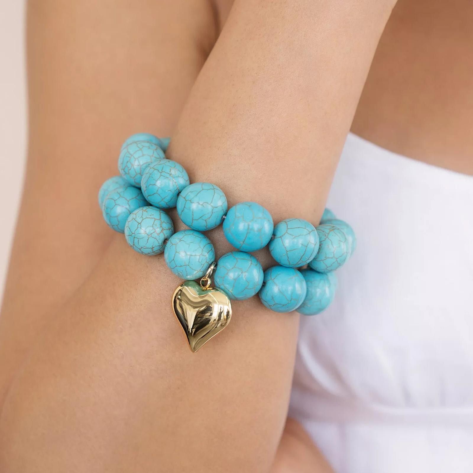 Other ETTIKA Turquoise and Gold Heart Beaded Elastic Bracelet Set Size ONE SIZE - 3 Thumbnail