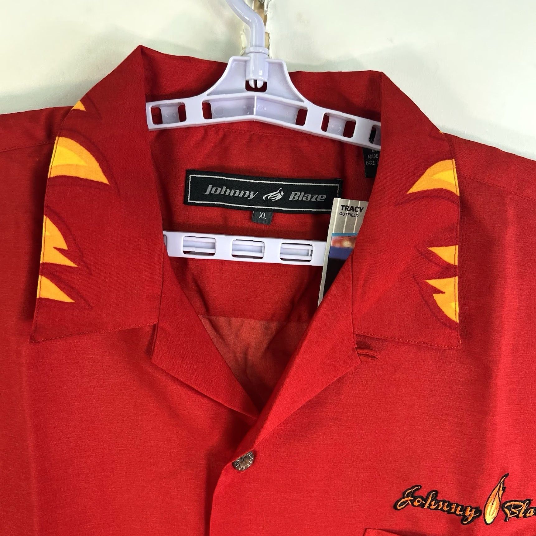 Vintage VINTAGE Johnny Blaze Button-Up Shirt Mens XL Red AOP Fire Y2K Graphic Print Embroidered Short Sleeve Casual Regular Fit Size US XL / EU 56 / 4 - 4 Thumbnail