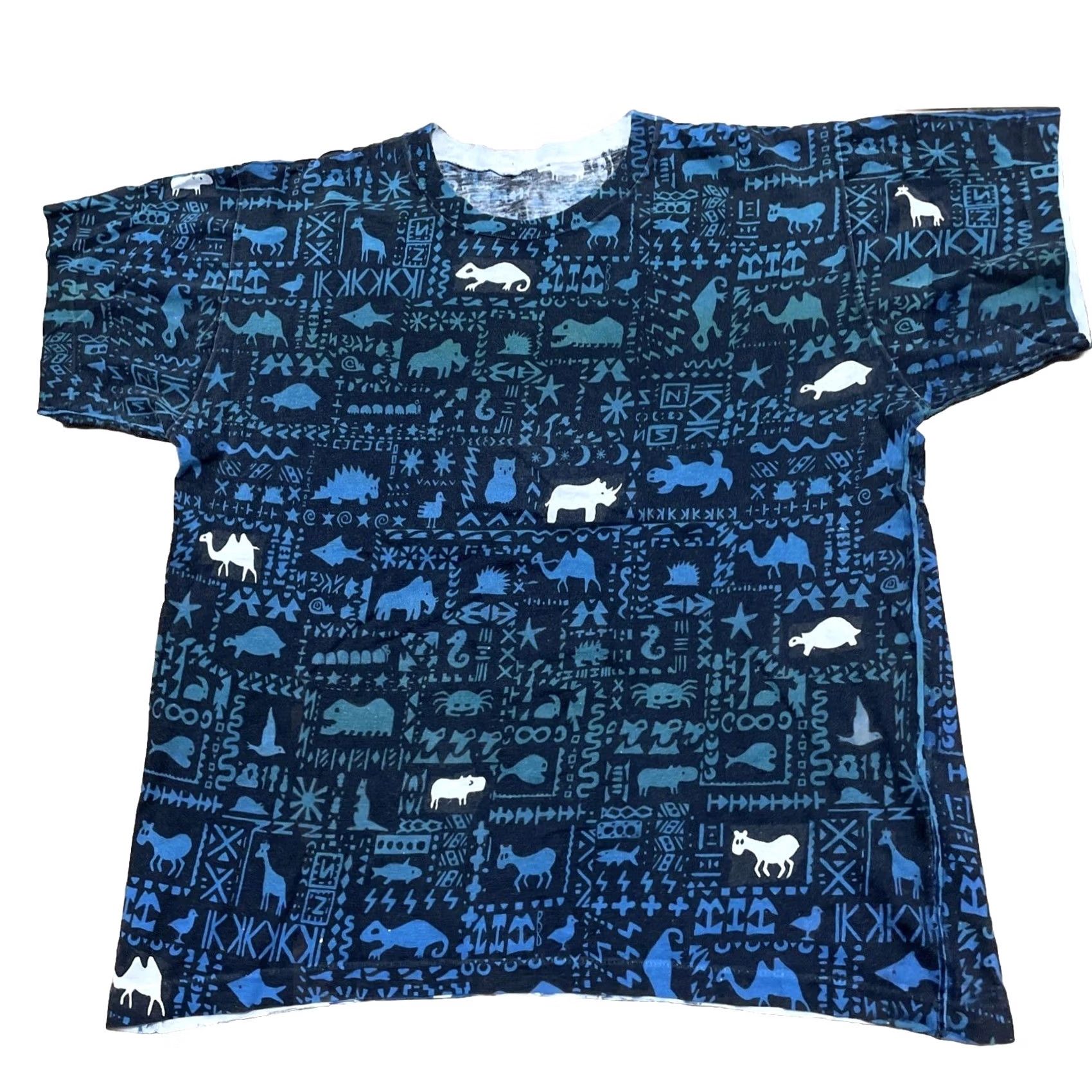 Vintage vtg 80s Single Stitch T Shirt TRIBAL ART Animal 90s Graphic AOP Crop Teal Men M Shirt Size US M / EU 48-50 / 2 - 2 Thumbnail