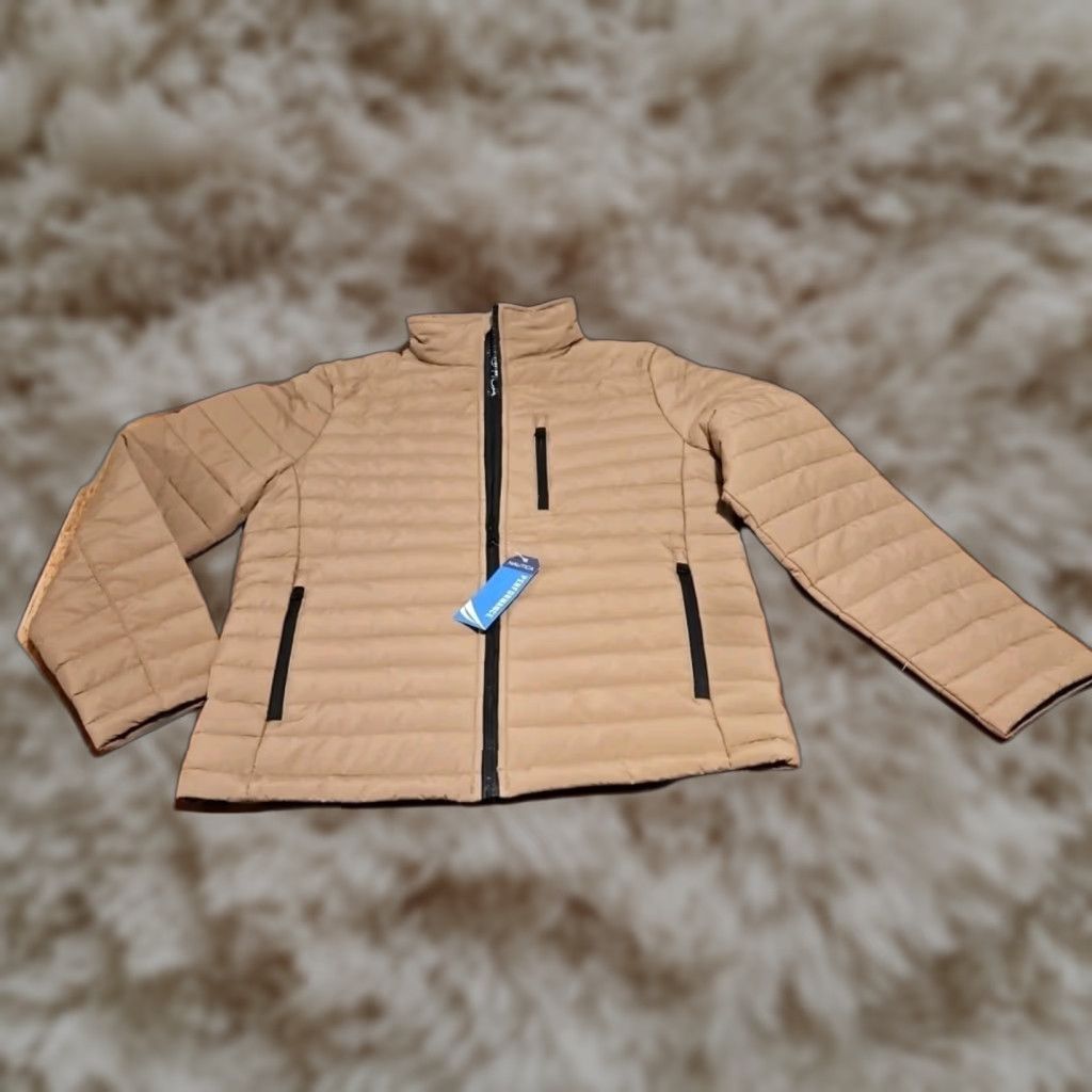 Nautica Men’s S Puffer Jacket Quilted Water Wind Resistant Beig e Soft Shell Full Zip Pockets Logo Outdoor Fall Winter Regular Size Type