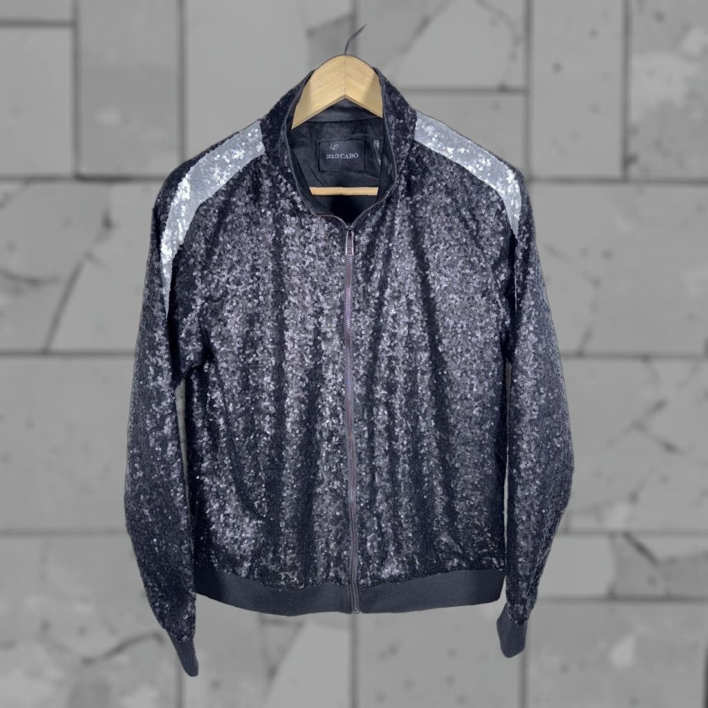 Vintage Dolce Cabo Sequin Full Zip Jacket Womens M Silver Black & Silver Metal Theme Basic Jacket Size M / US 6-8 / IT 42-44 - 1 Thumbnail