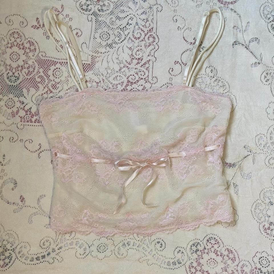 Other Cute Vintage Cream Pink Floral Mesh Camisole (M-L) Size L / US 10 / IT 46 - 2 Thumbnail