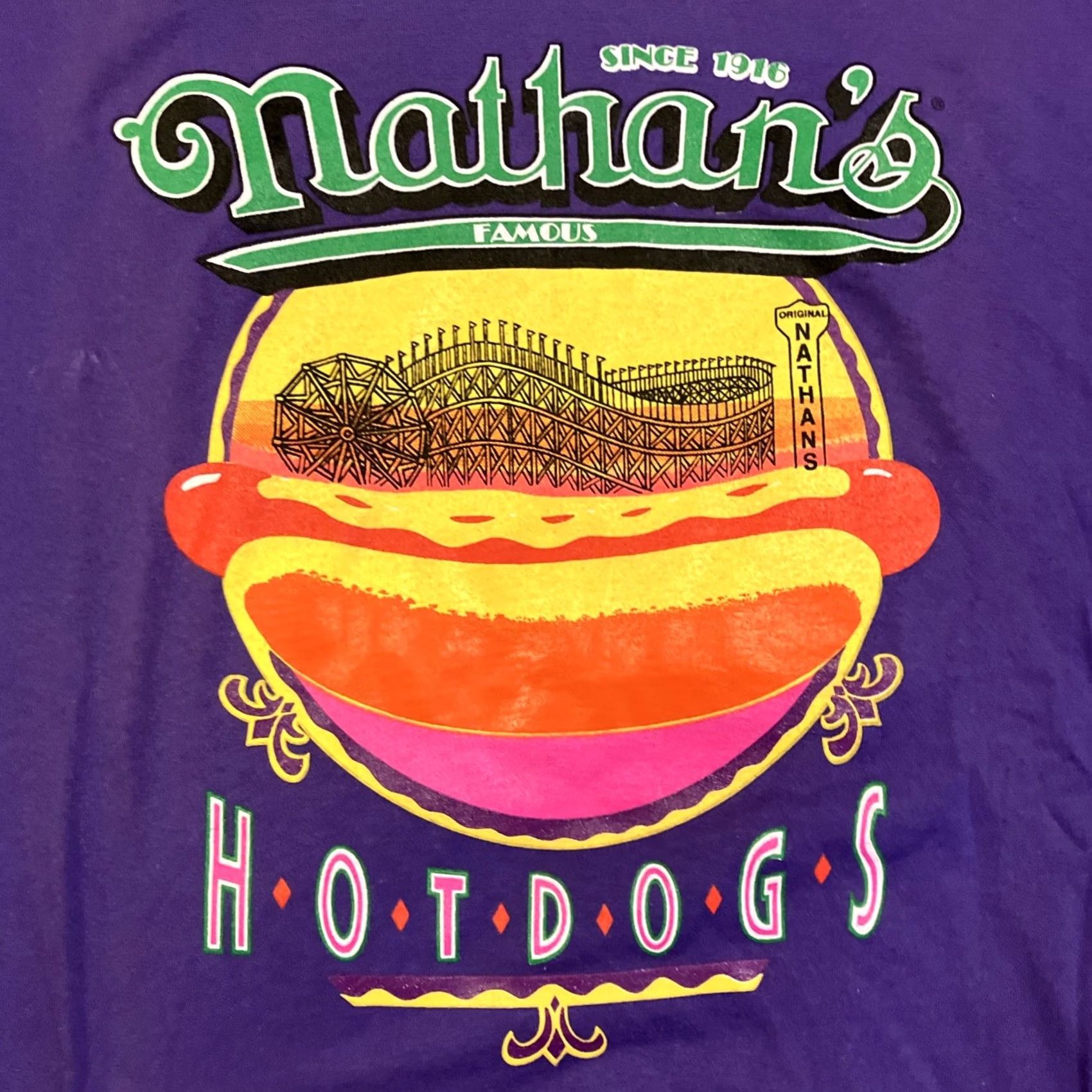 Hanes VINTAGE Hanes Nathan's Famous Hot Dogs Double-Sided T Shirt XXL Purple Men Reg Short Sleeve Crew Neck Graphic Print Dog Funny Size US XXL / EU 58 / 5 - 2 Thumbnail