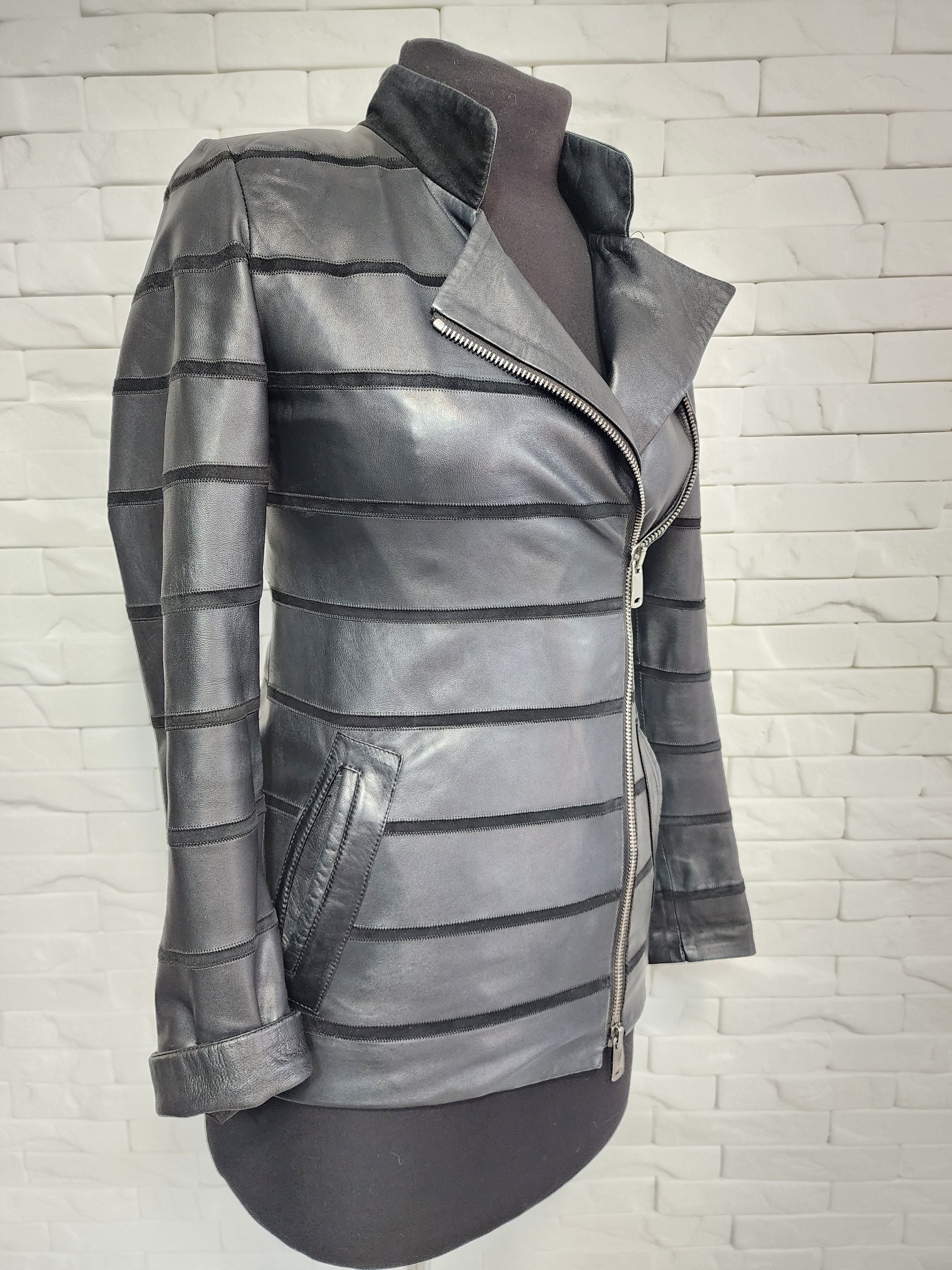 Designer Black Women's Leather Jacket: Striped Top, Zippered Size S / US 4 / IT 40 - 3 Thumbnail