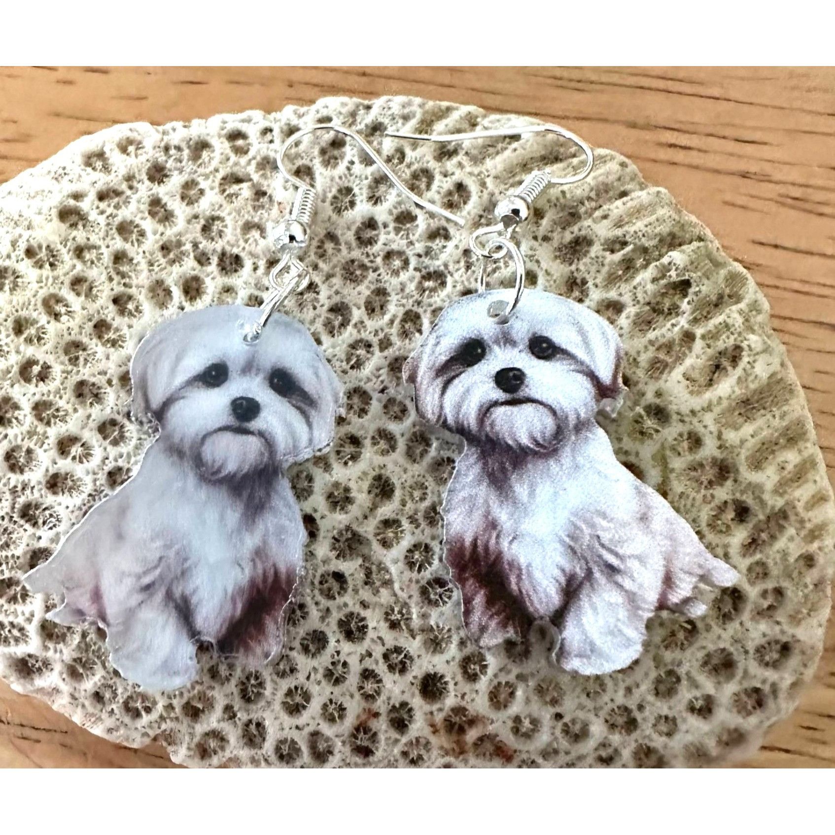 Handmade Bichon Frise Earrings New Dangle Hooks Double Sided Fluffy W Size ONE SIZE - 2 Thumbnail