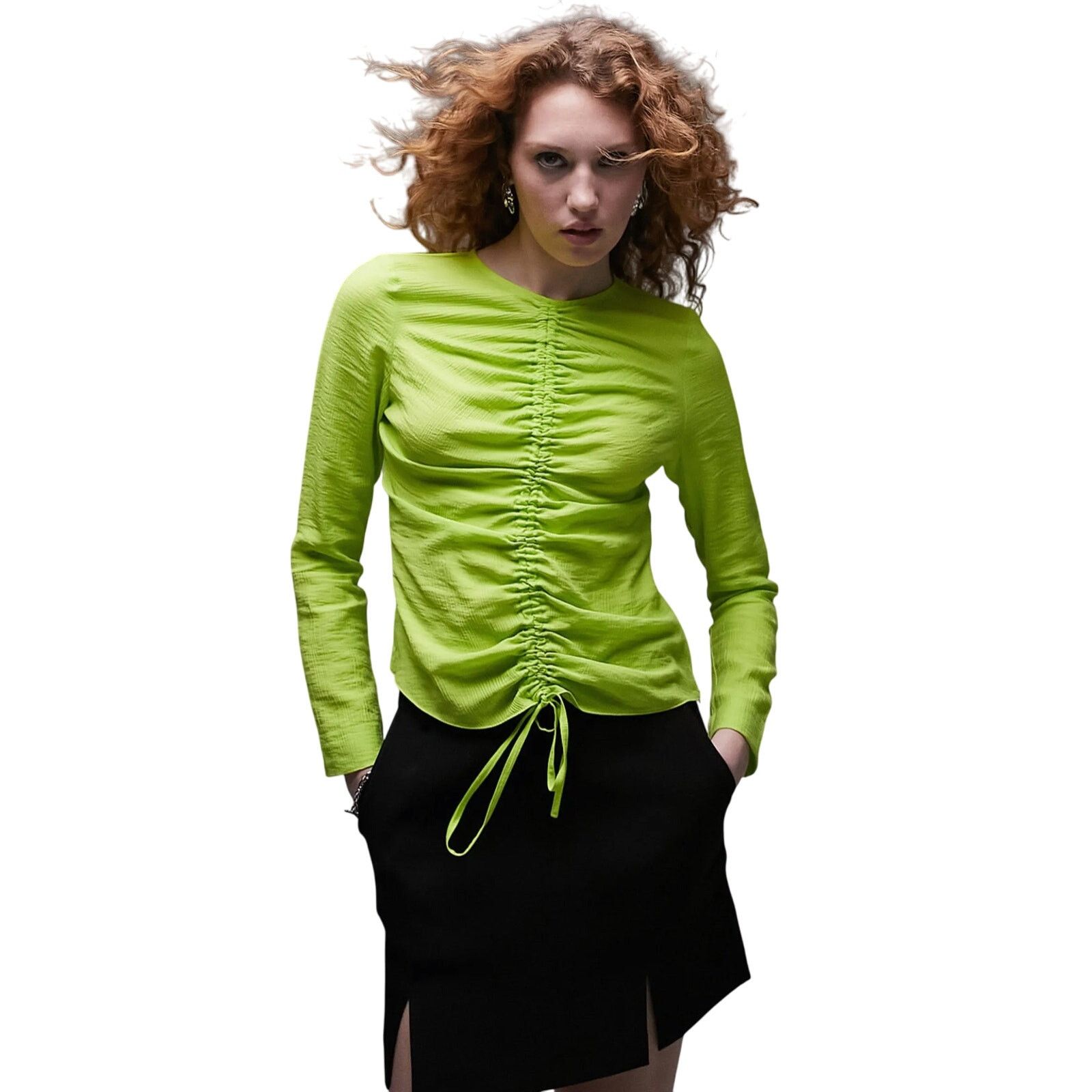 Topshop Topshop Green Ruched Front Long Sleeve Top Side Zip 4 NWT Size S / US 4 / IT 40 - 1 Thumbnail