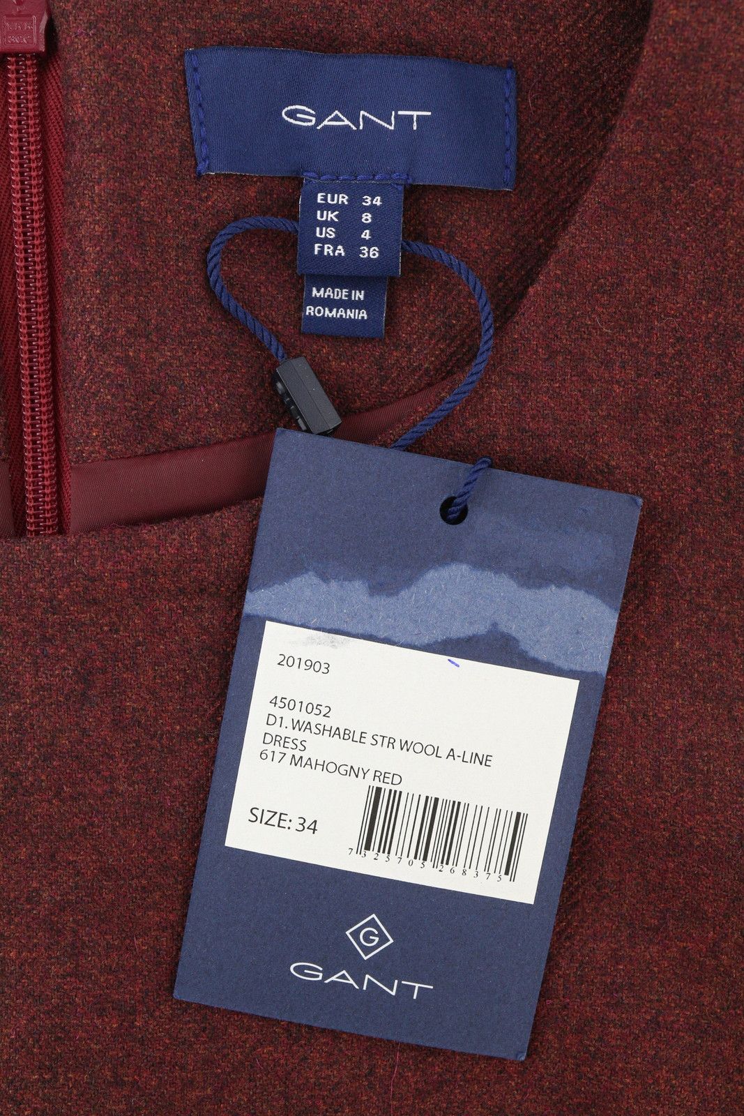Gant WASHABLE STR WOOL EU34 Burgundy 3/4 Sleeve Dress 85198 Size XS / US 0-2 / IT 36-38 - 7 Thumbnail