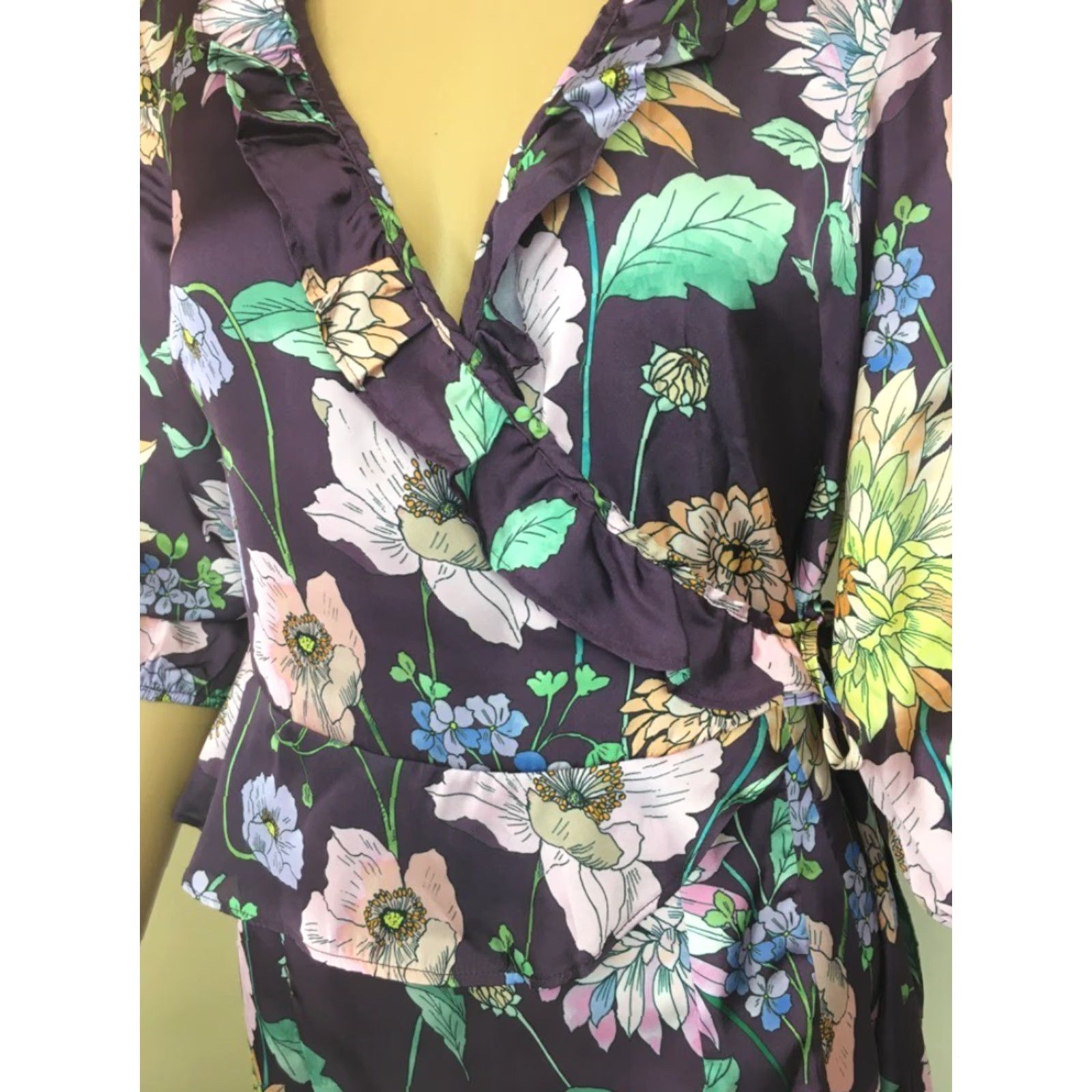 Vintage Ella Moon Womens Wrap Dress Purple Floral Ruffle Hem Knee Length V Neck S New Size S / US 4 / IT 40 - 3 Thumbnail