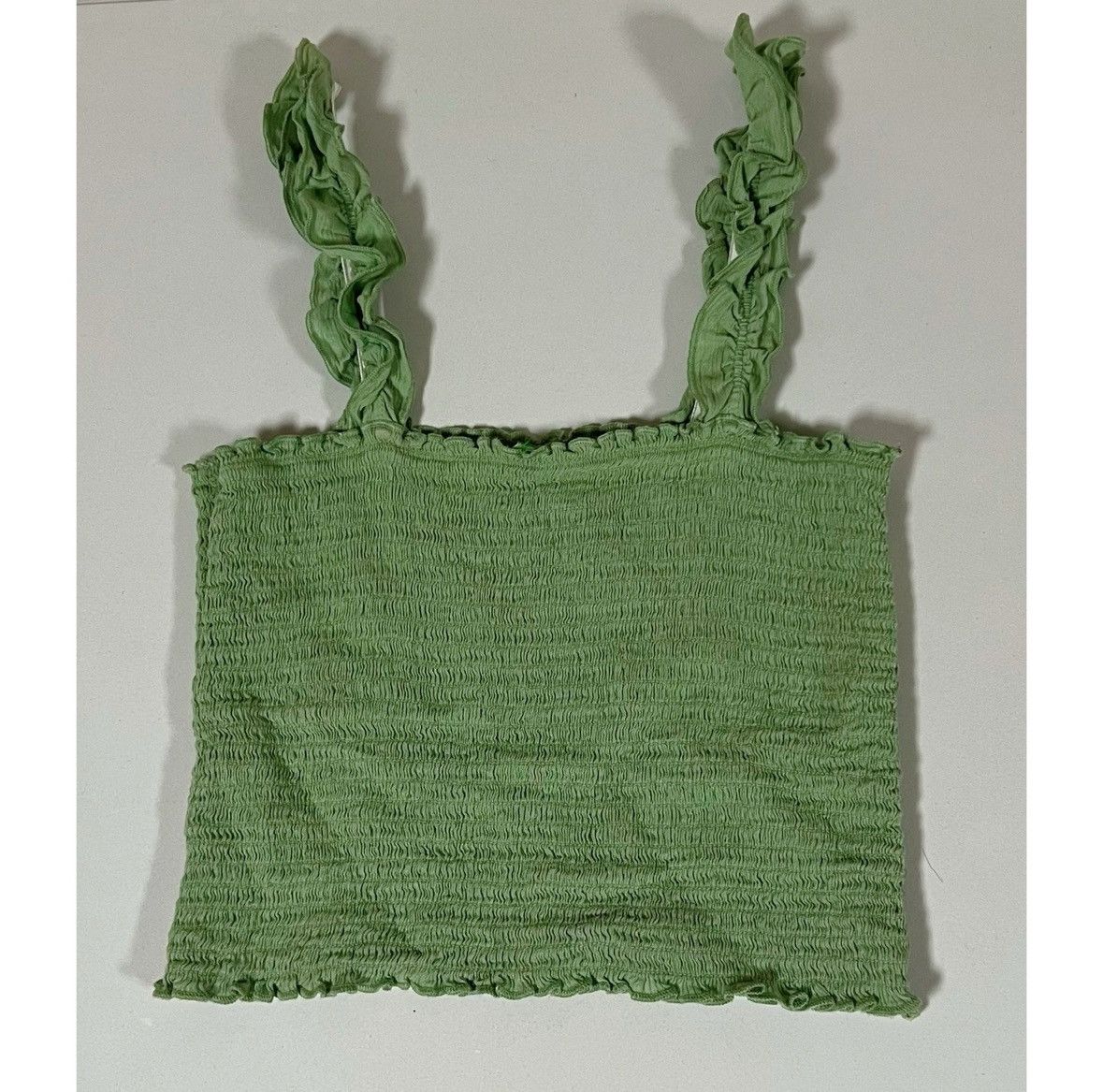 American Eagle Outfitters Aerie Olive Green Solid Shirred Ruffle Crop Top Shirt XS ✨ Size XS / US 0-2 / IT 36-38 - 2 Thumbnail