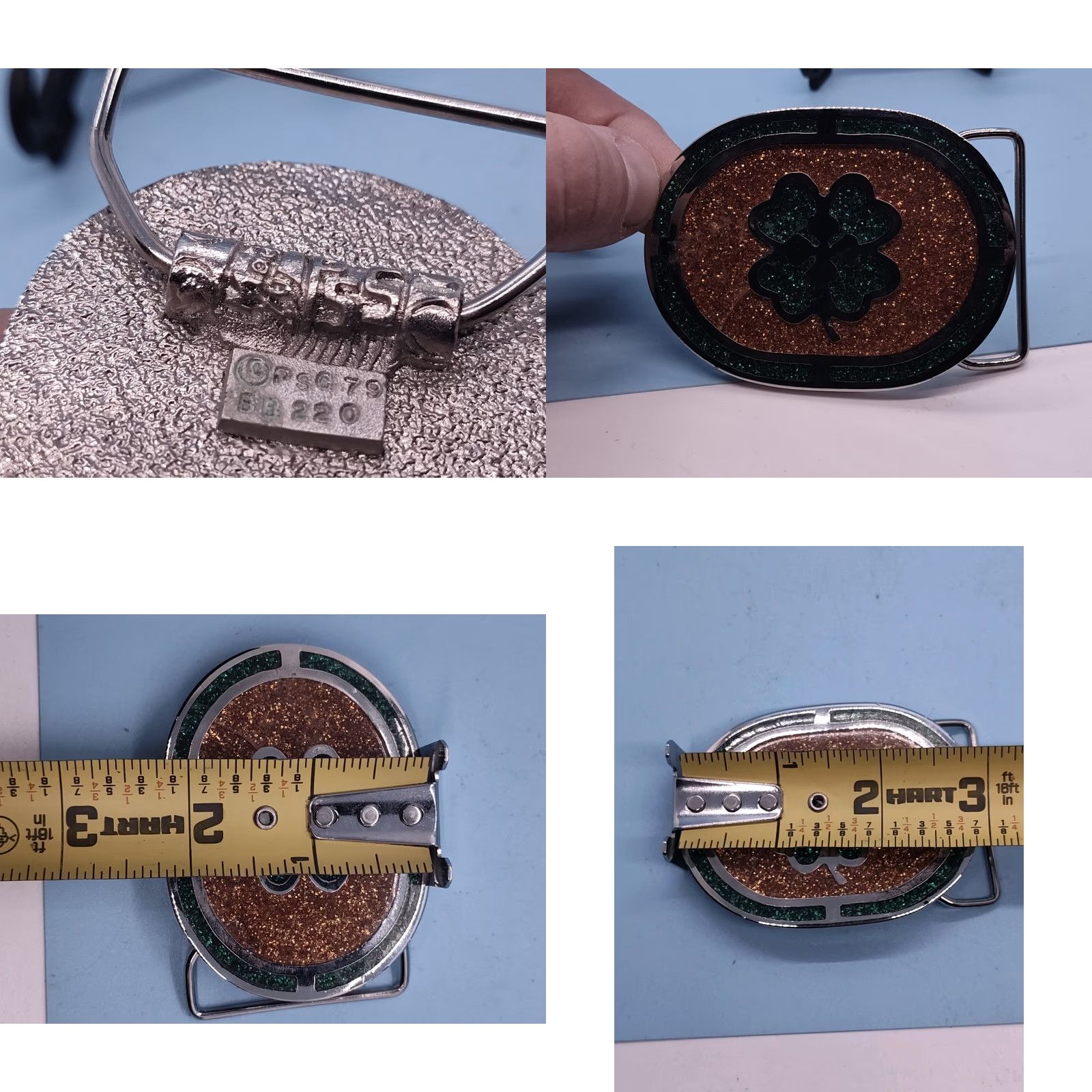 Vintage VINTAGE PSC Belt Buckle Silver Toned Four Leaf Clover Irish 1979 2 1/8" x 3" Glitter Green Orange Womens Mens Unisex Size ONE SIZE - 8 Thumbnail