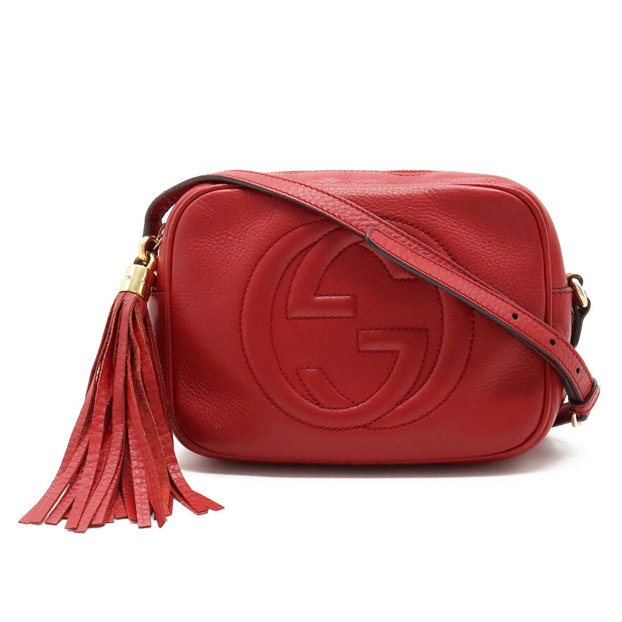 image of Gucci Soho Small Disco Shoulder Bag Pochette Tassel Leather Red 308364, Women's