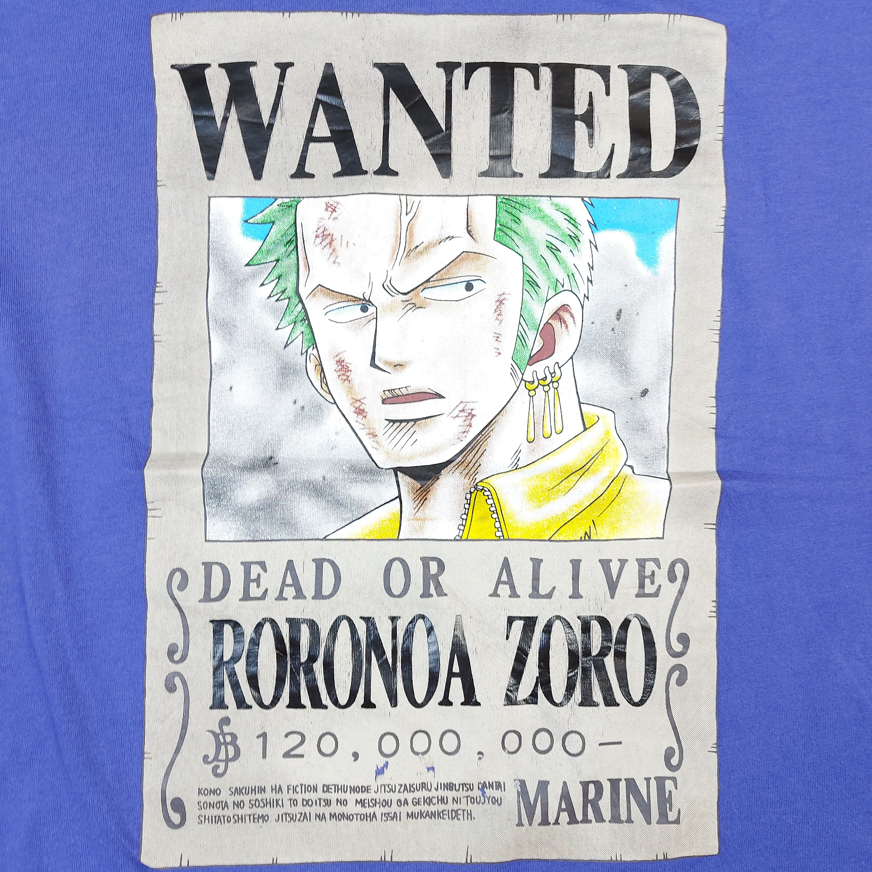 Anime Vintage 2007 One Piece Anime Roronoa Zoro Wanted Poster TEE Size US M / EU 48-50 / 2 - 2 Thumbnail