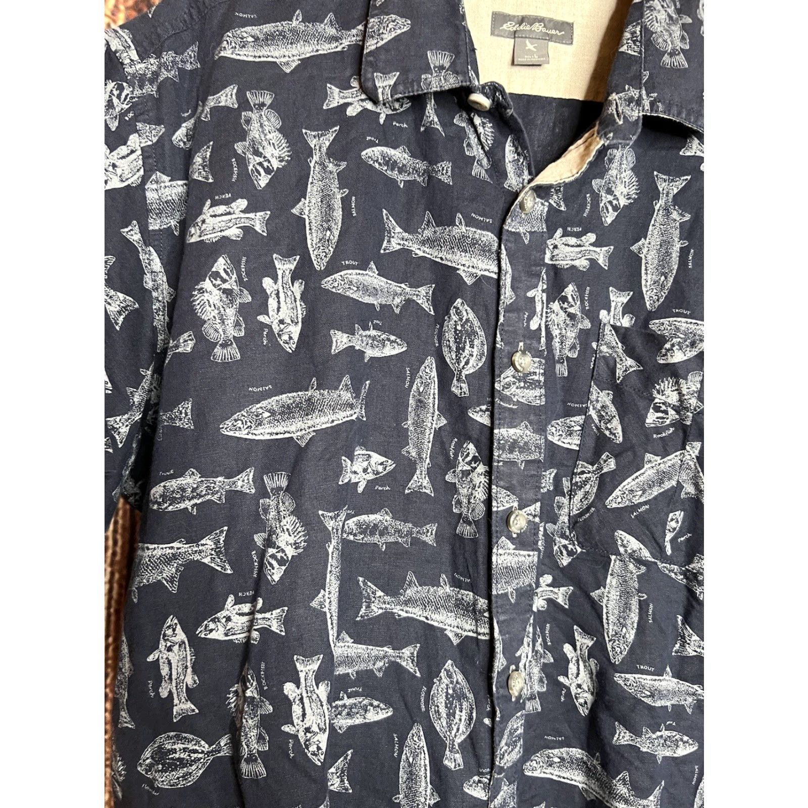 Eddie Bauer Eddie Bauer Shirt Adult Large Blue All Over Print Map Mens Fish 90s Hawaiian Outdoor Short Sleeve Button-Up Collared Pockets Breathable Lightweight Size US L / EU 52-54 / 3 - 3 Thumbnail