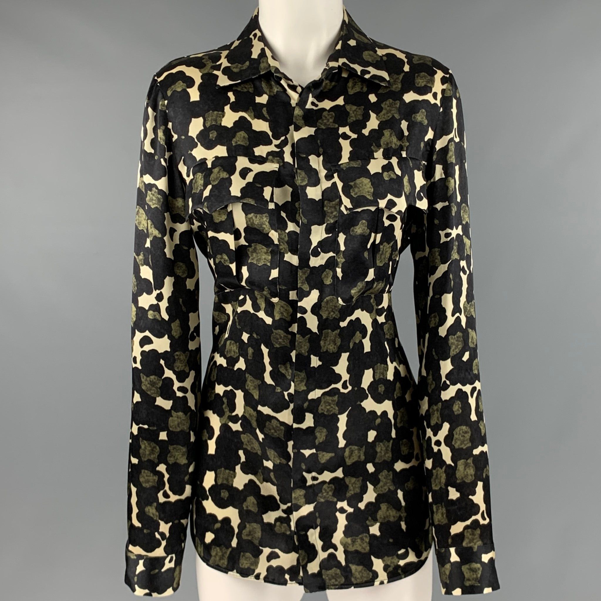 image of Dsquared2 Green Black Beige Silk Print Patch Pockets Shirt in Olive, Women's (Size Medium)