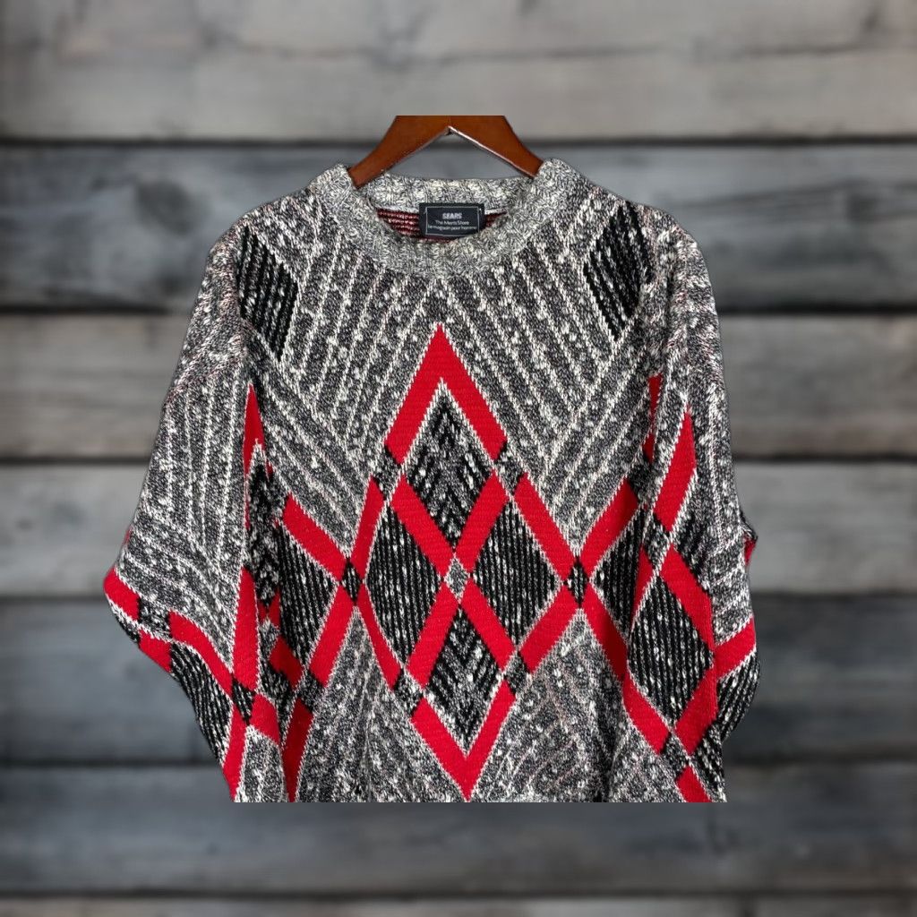 Sears VINTAGE 80s Sears Argyle Pattern Sweater Adult XL Gray Red Heavyweight Pullover Mens Size US XL / EU 56 / 4 - 1 Thumbnail