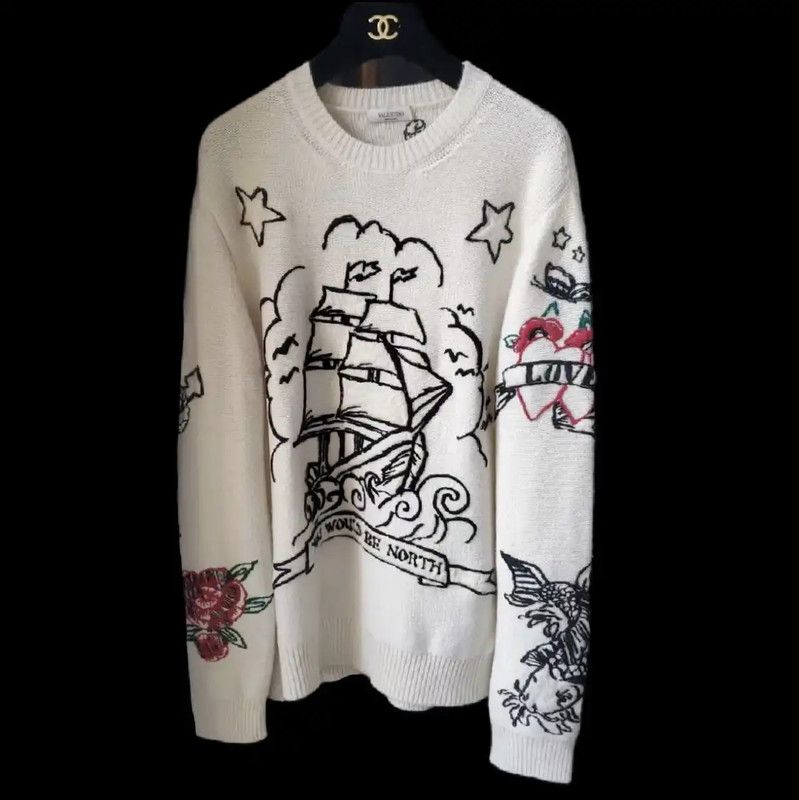 Valentino Valentino Embroidered Cream Cashmere Sweater 0089 Size L / US 10 / IT 46 - 1 Thumbnail