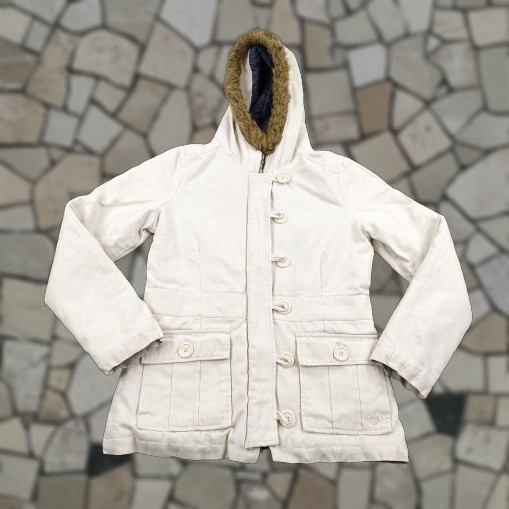Vintage Roxy Jacket Womens L Beige Quilted Parka with Hood Fur Trim Mid-Length Winter Coat Size L / US 10 / IT 46 - 1 Thumbnail