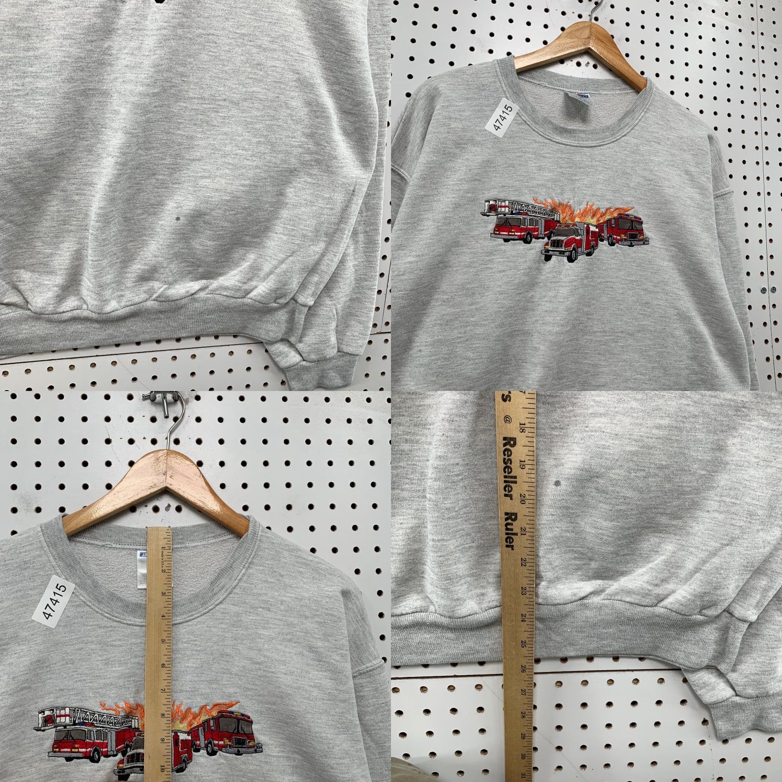 Jerzees Vintage Fire Truck Sweatshirt Mens Large Gray Embroidered Fleece Crewneck Size US L / EU 52-54 / 3 - 8 Thumbnail