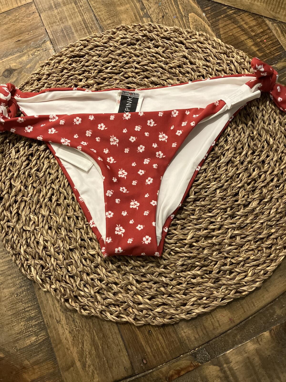 Pink NWT PINK Red Floral Bikini Bottoms with Side Ties Size ONE SIZE - 1 Thumbnail
