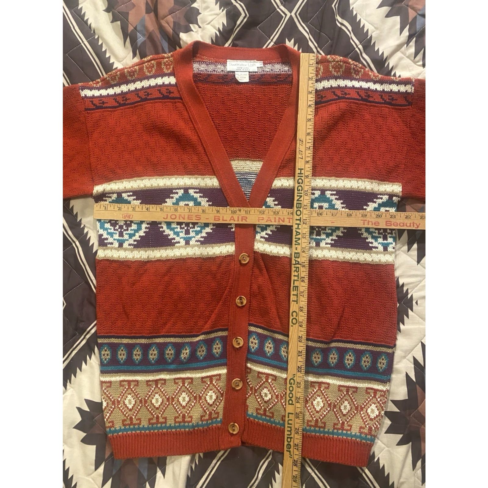 Loft VINTAGE Sweater Loft Knit Cardigan Aztec 100% Cotton Women’s Large Made In USA Size L / US 10 / IT 46 - 6 Thumbnail
