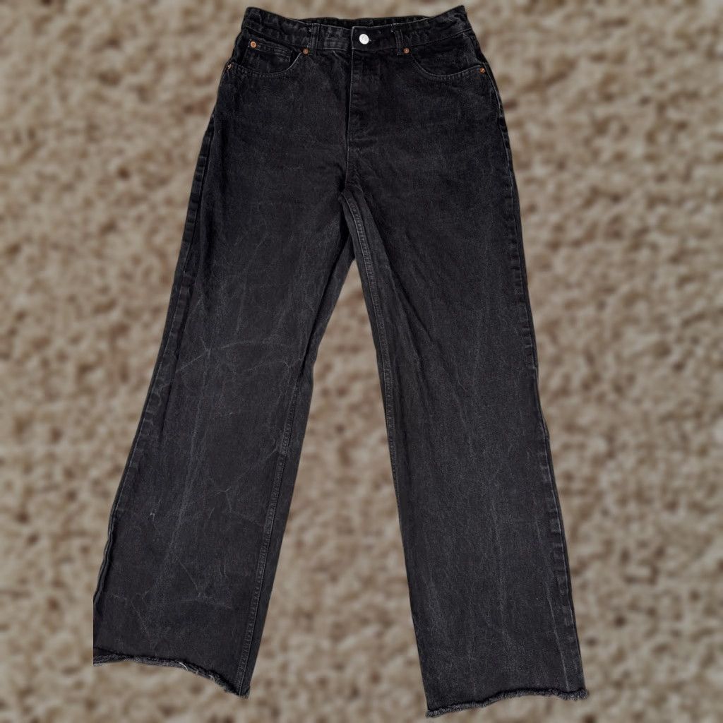 Denime Black Jeans Womens 28x32 Relaxed Wide Straight Leg Raw Hem Distressed Denim Size 28" / US 6 / IT 42 - 1 Thumbnail