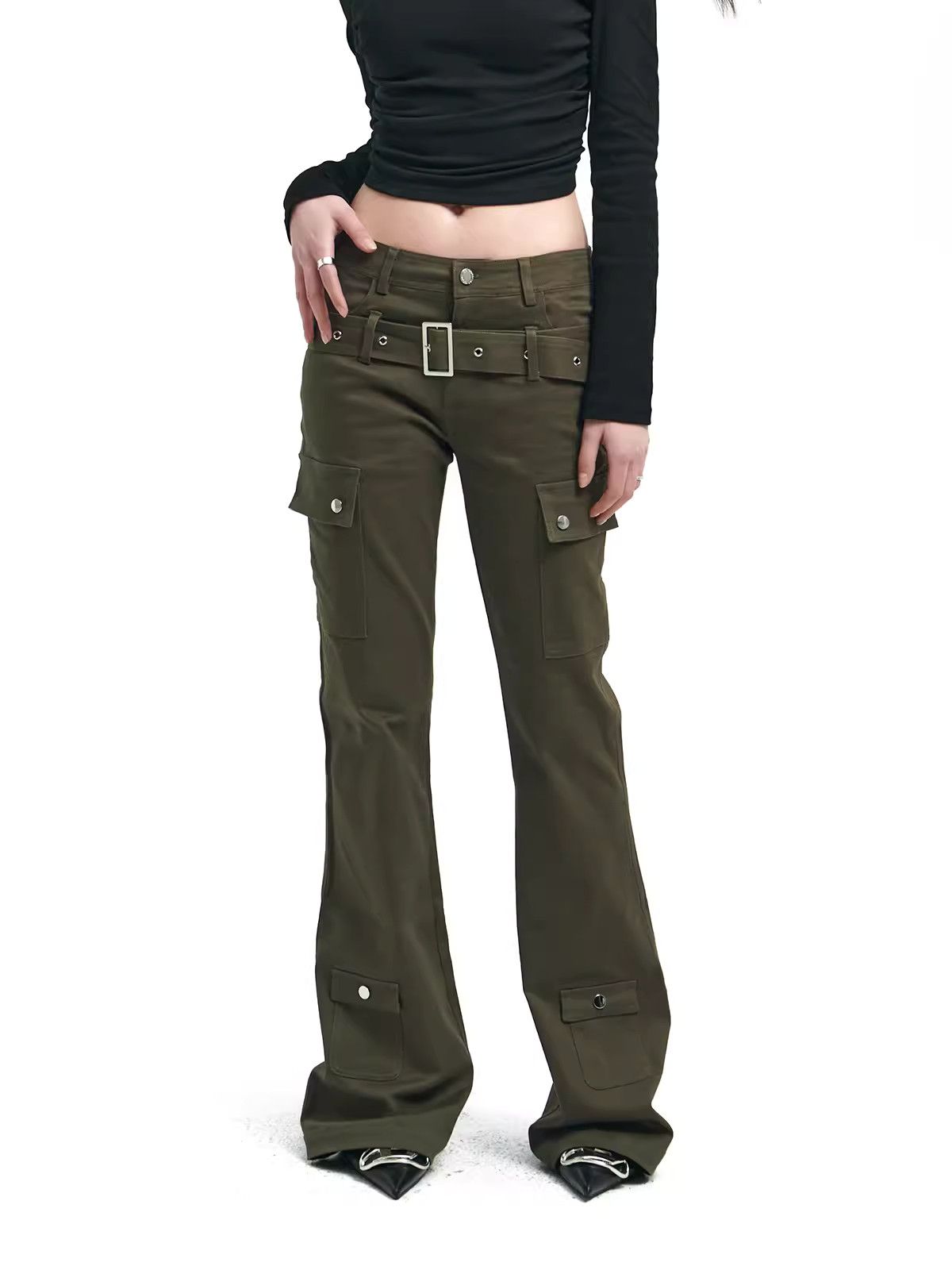 image of Vintage Low-Rise Micro-Horn Design Casual Cargo Pants in Army Green, Women's (Size 29)