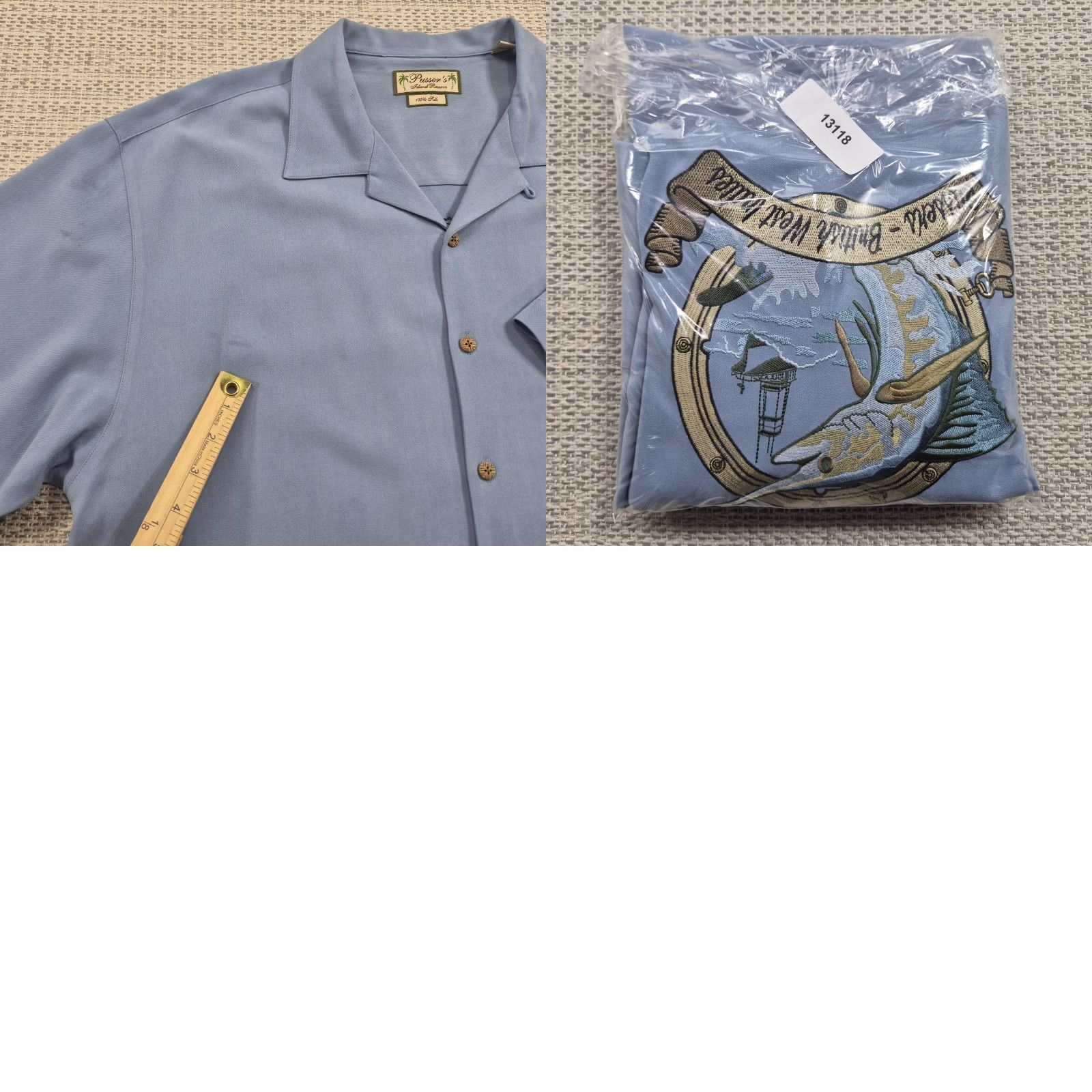 Vintage Pusser's Shirt Mens Large Blue Silk Tortola Big Game Charters Fish Embroidered Size US L / EU 52-54 / 3 - 9 Thumbnail
