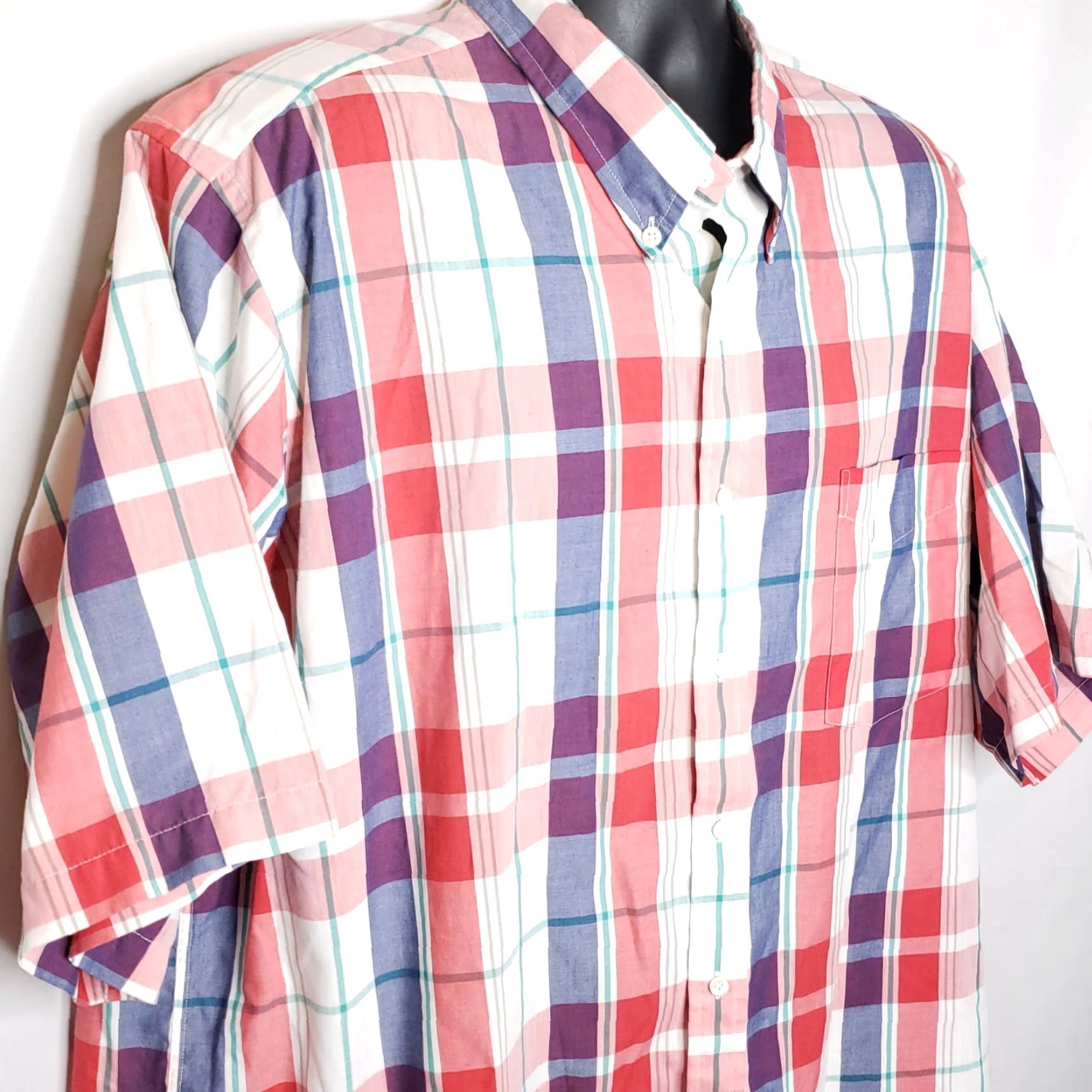 Needles VINTAGE St Stephen Collection 1X Big & Tall Button-Up Plaid Short Sleeve Red White Blue Tailoring Shirt Mens Size ONE SIZE - 4 Thumbnail