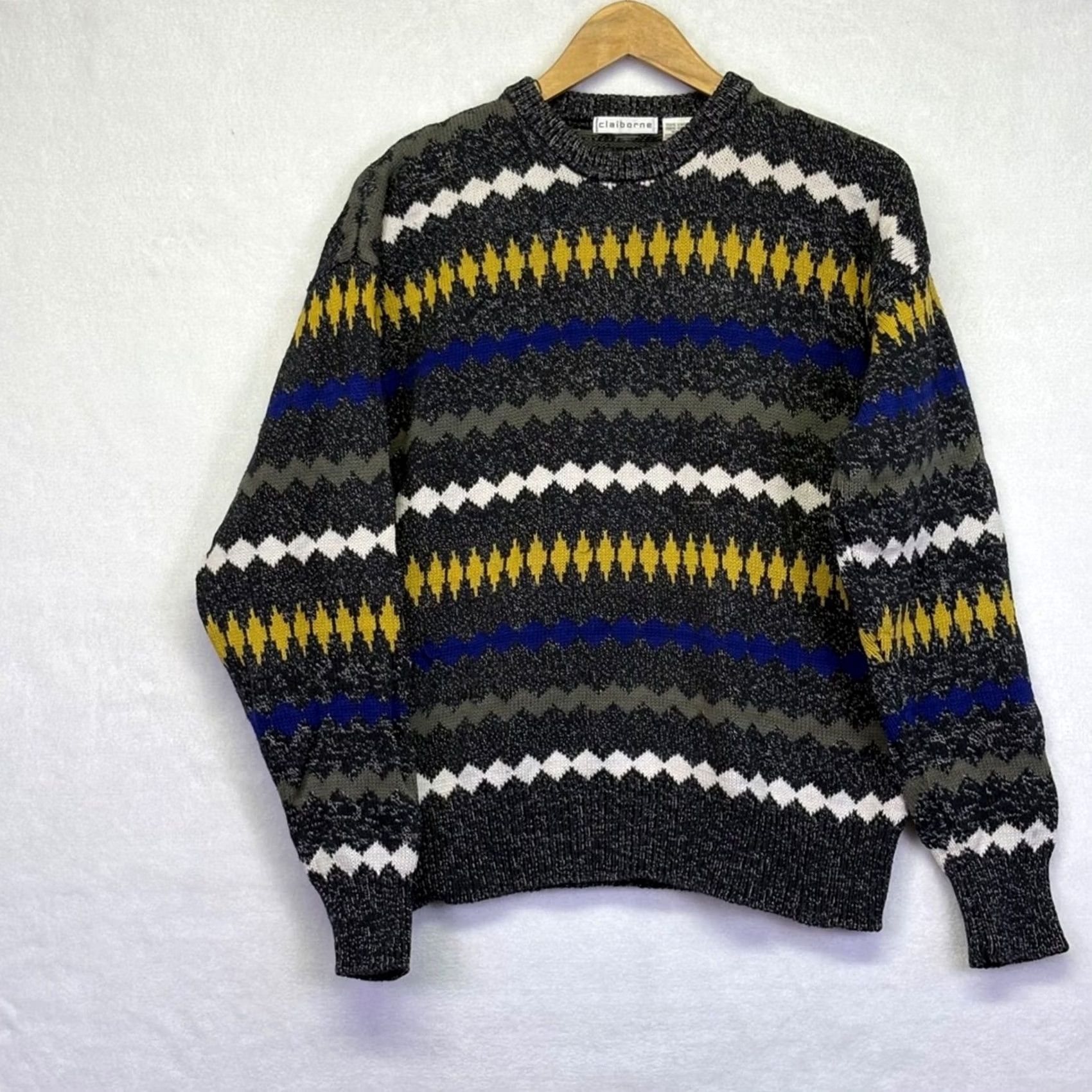 Liz Claiborne Vintage Claiborne Zig Zag Geometric Gray Cotton Sweater - Mens Medium Size Size US M / EU 48-50 / 2 - 2 Thumbnail