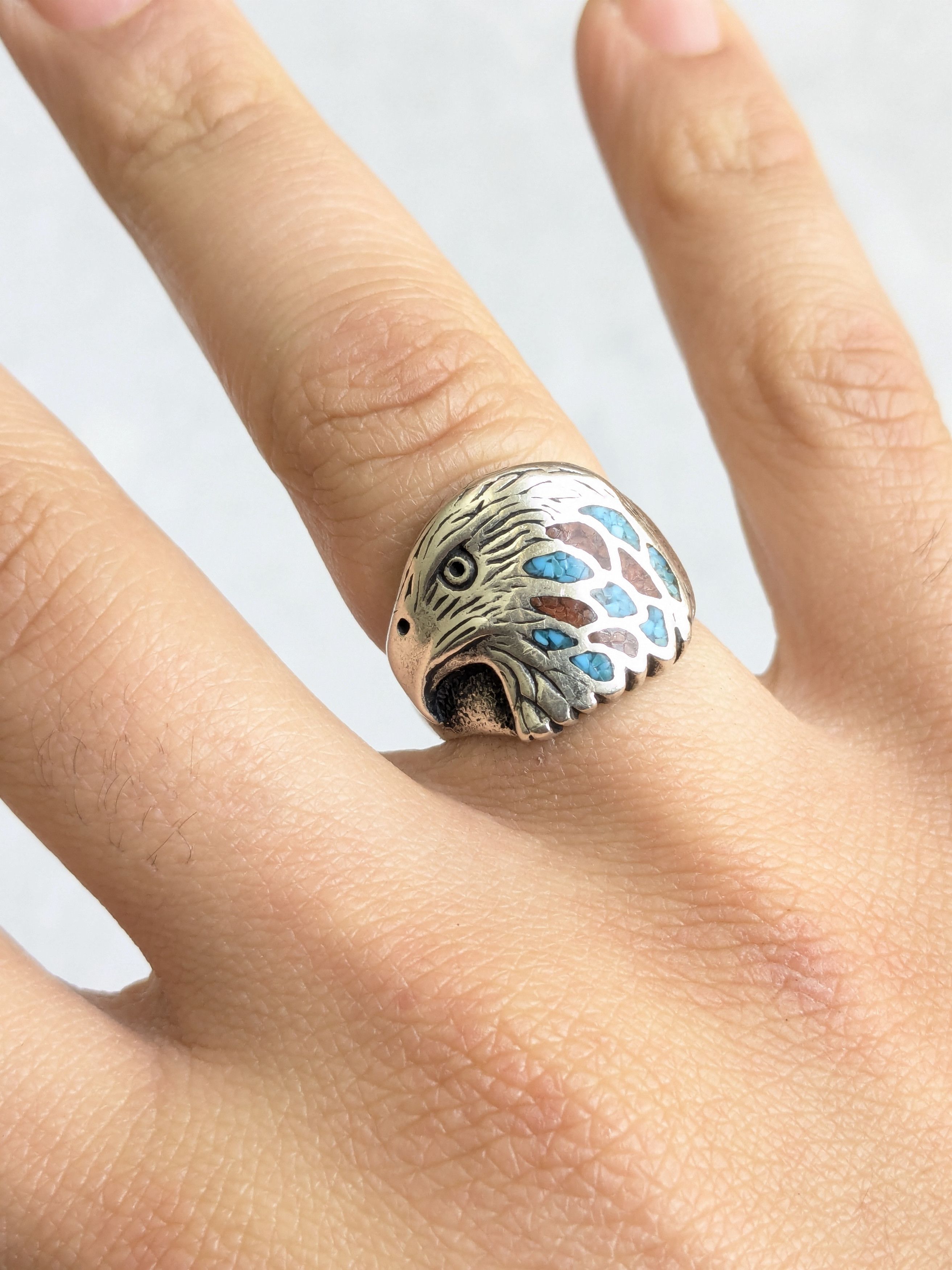 Jewelry Sterling Silver Ring Crushed Turquoise Coral 8 Eagle Native Size ONE SIZE - 8 Thumbnail