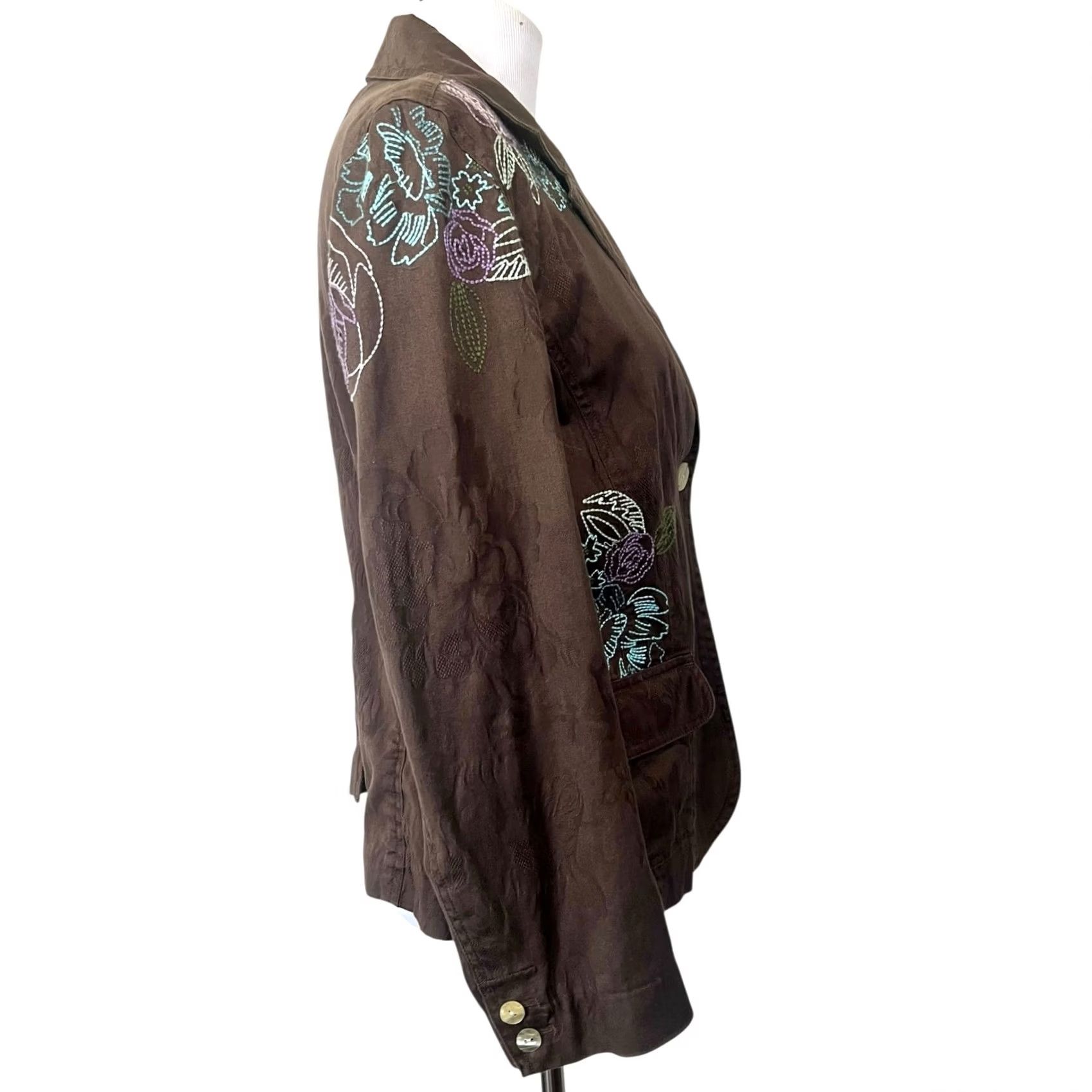 J. Jill J.Jill Blazer Brown Jacquard Embroidered Floral One-Button Cotton Size M Women's Jacket Size M / US 6-8 / IT 42-44 - 7 Thumbnail