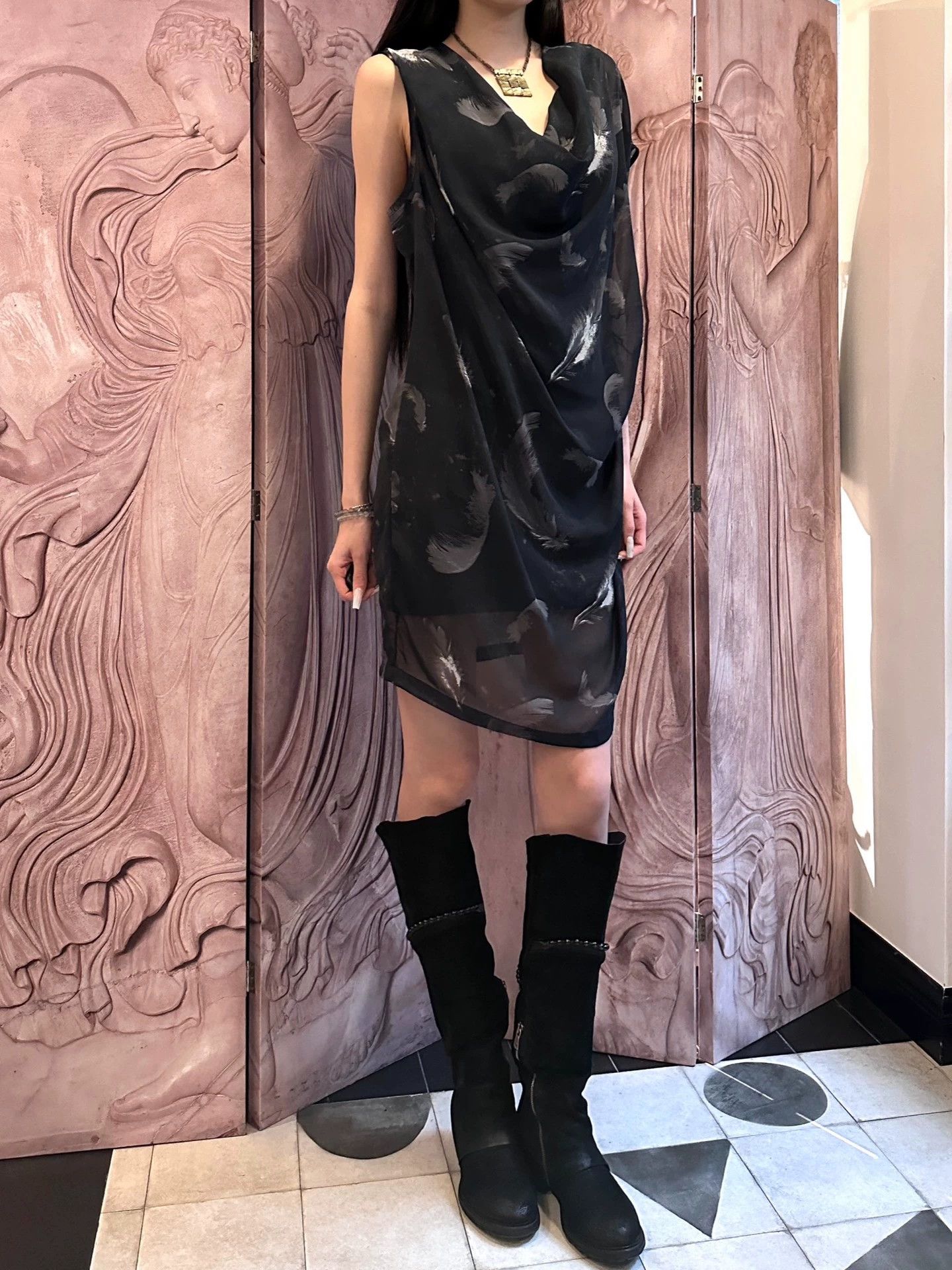 Other UK Brand Dbl Feather Print Irr Sw Neck Vtg Dress Size M / US 6-8 / IT 42-44 - 4 Thumbnail