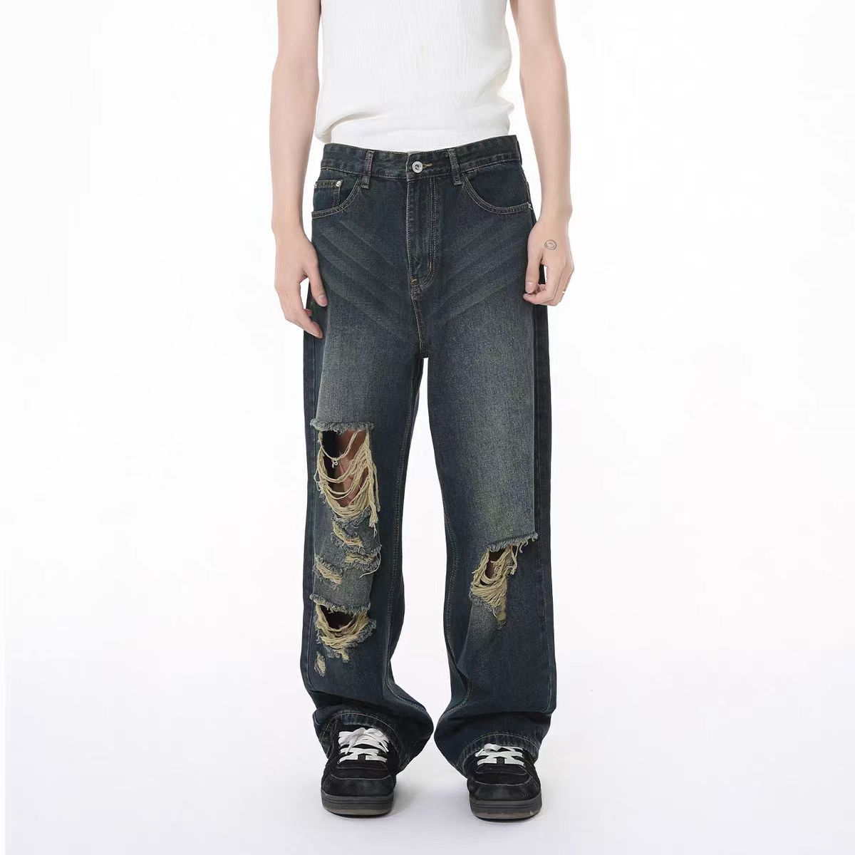 Japanese Brand × Jean High street frayed and distressed baggy straight leg jeans Size US 30 / EU 46 - 2 Thumbnail