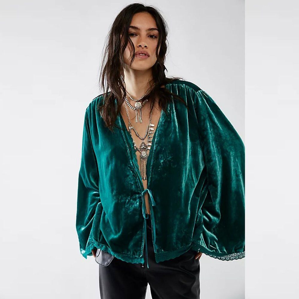 Free People New Free People Velvet Bed Everglade Green Viscose Jacket S Size XS / US 0-2 / IT 36-38 - 2 Thumbnail