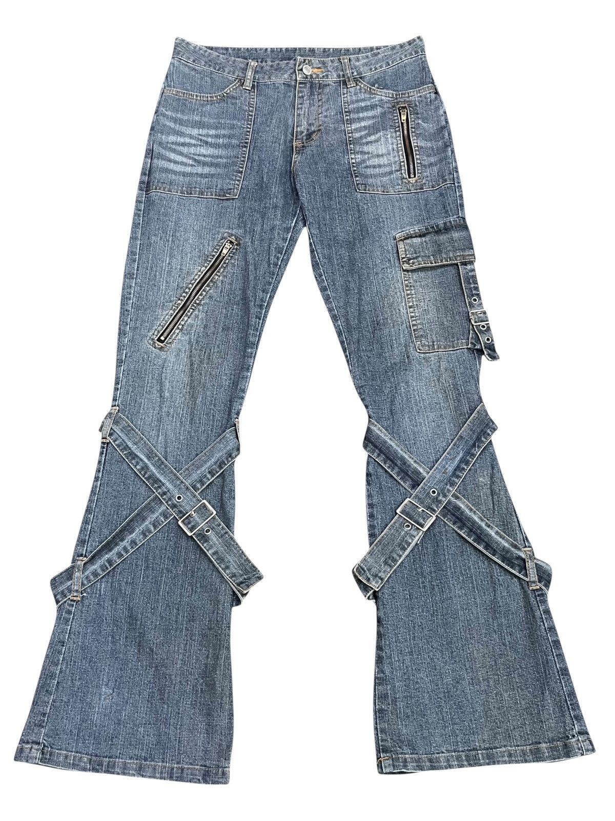 Fragment Design Vintage PLAYCHESS Japan Grunge Cross Bondage Flare Denim Size 29" - 2 Thumbnail