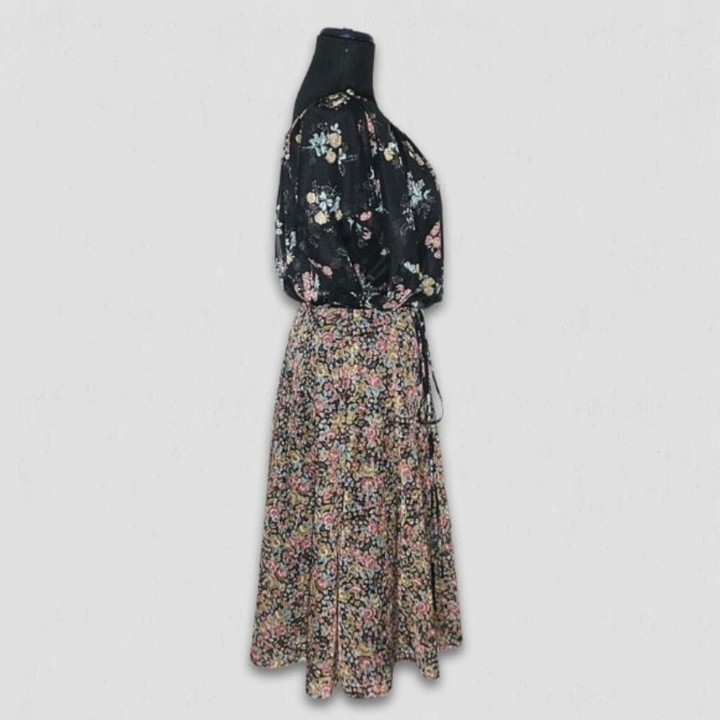 Vintage 80s Full Swing Boho Dress Back Zipper Floral Cottage Black M Size L / US 10 / IT 46 - 3 Thumbnail