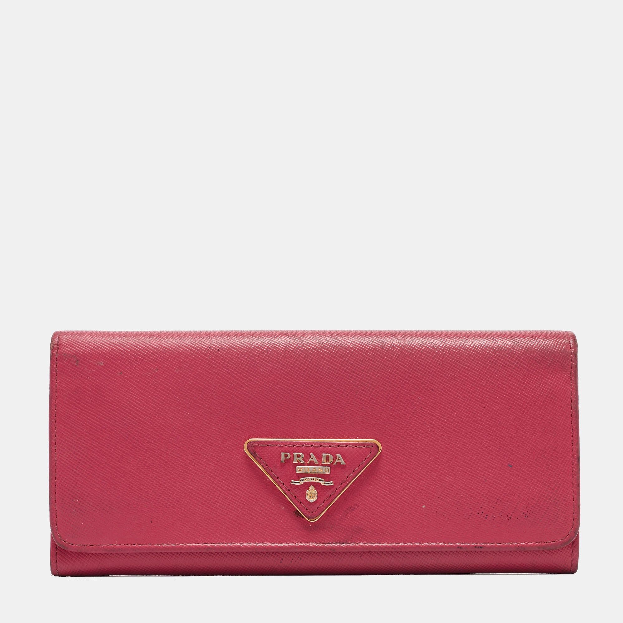 image of Prada Pink Saffiano Metal Leather Triangle Logo Flap Continental Wallet, Women's