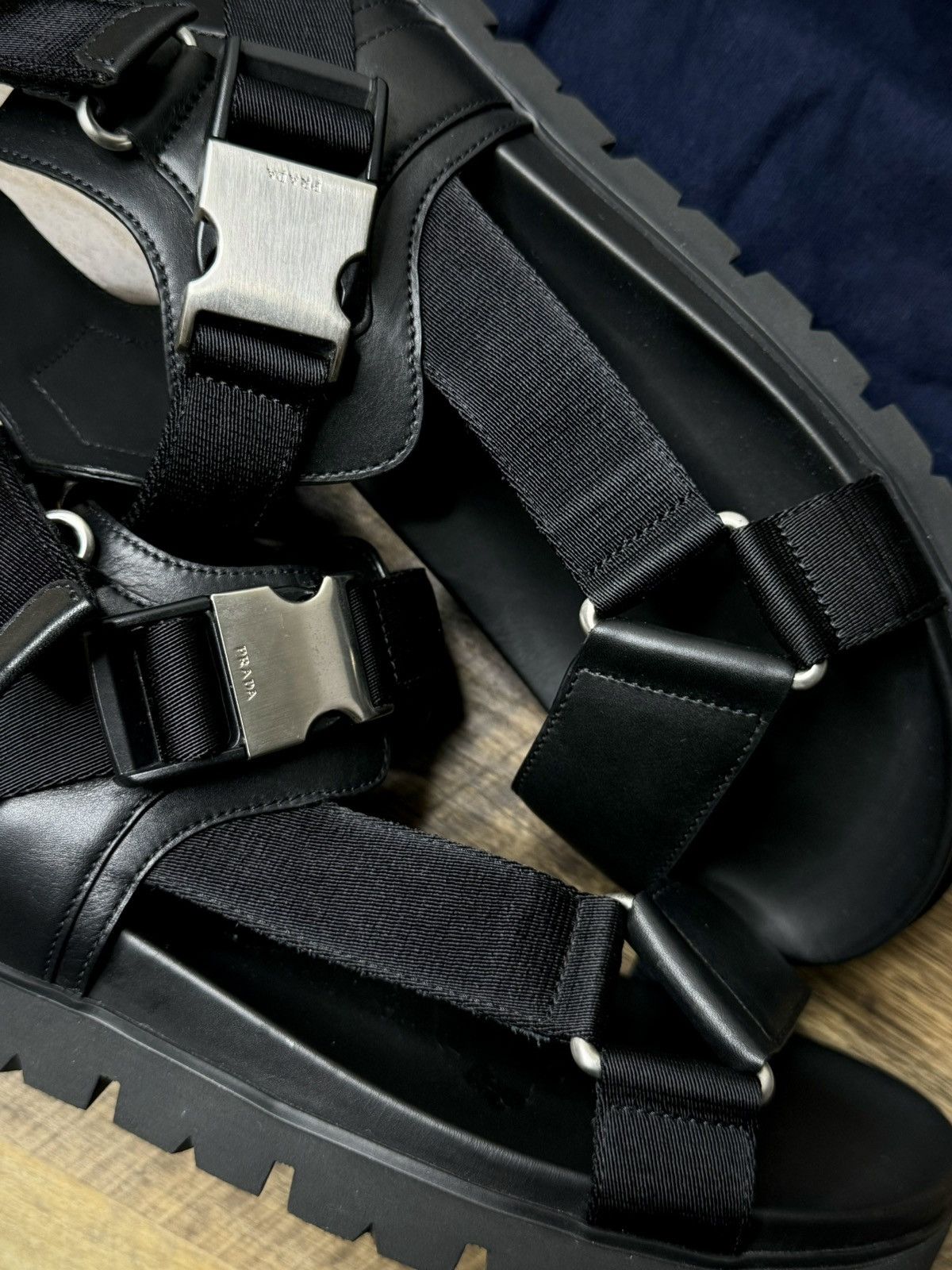 Prada Prada Black leather Strap silver Buckle Nylon Tape Sandals Size US 10 / EU 43 - 7 Thumbnail