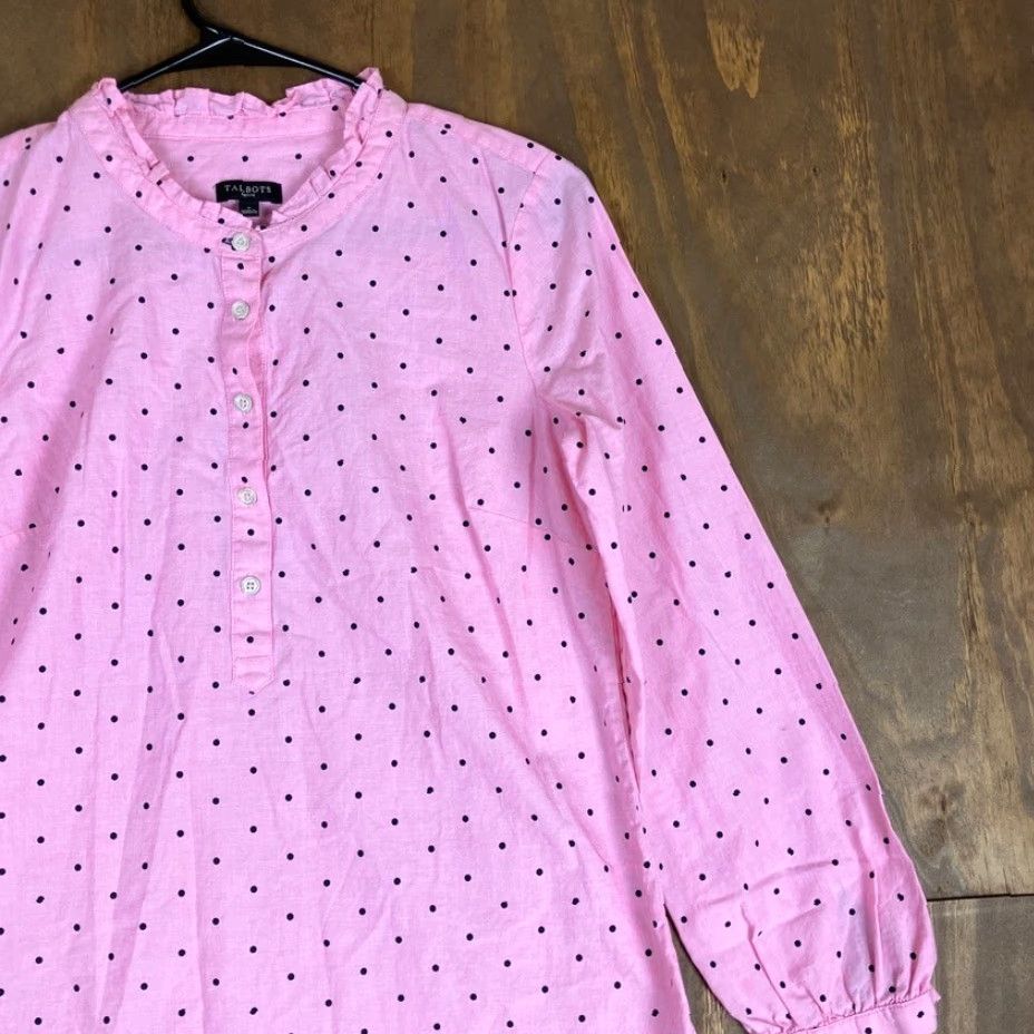 Talbots Talbots Womens Blouse Pink Black Polka Dot Ruffle Neck Long Sleeve Petite Size XXS / US 00 / IT 34 - 5 Thumbnail