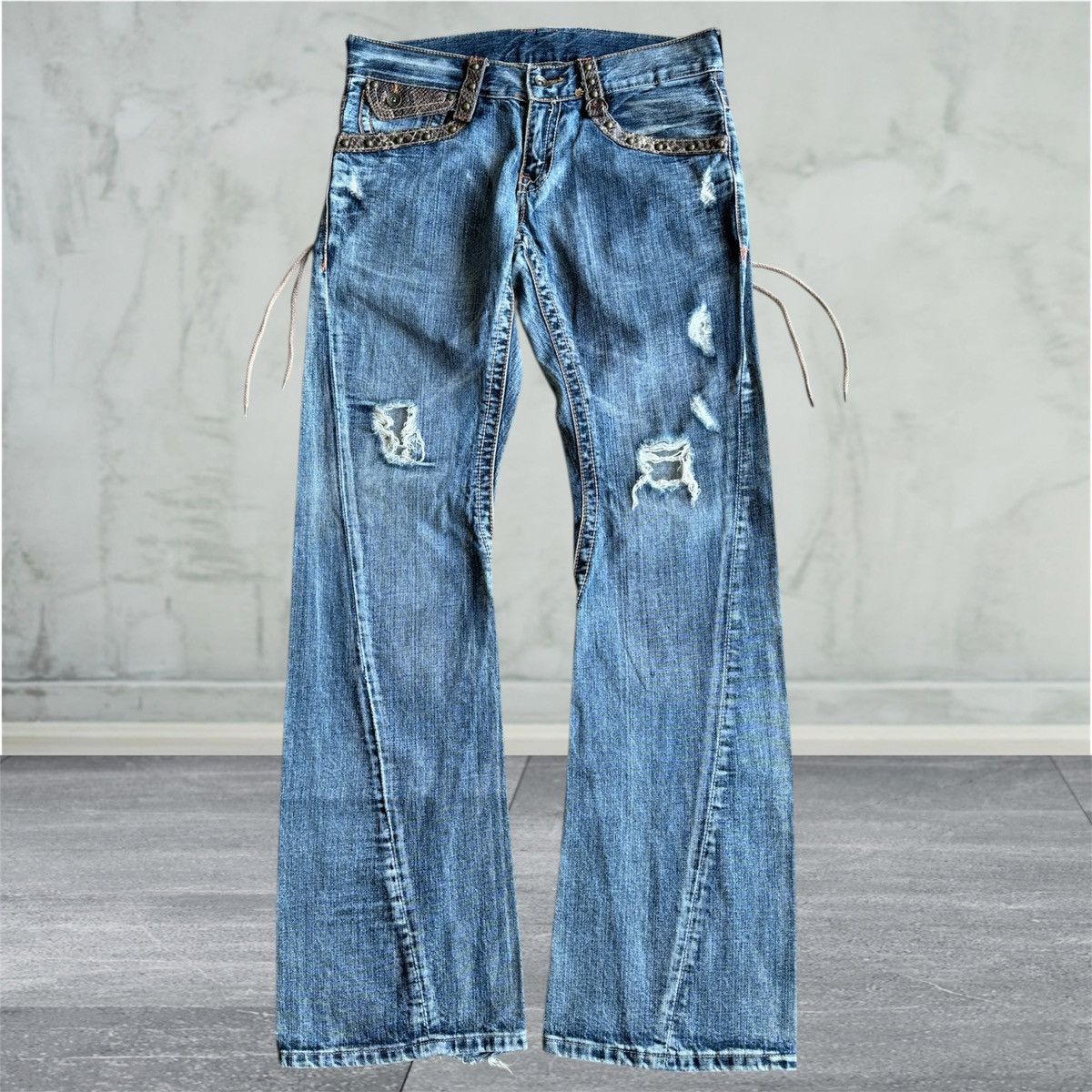 Japanese Brand XX Semantic Design Snake Skin Laces Riot Punk Flared Denim Size US 34 / EU 50 - 2 Thumbnail