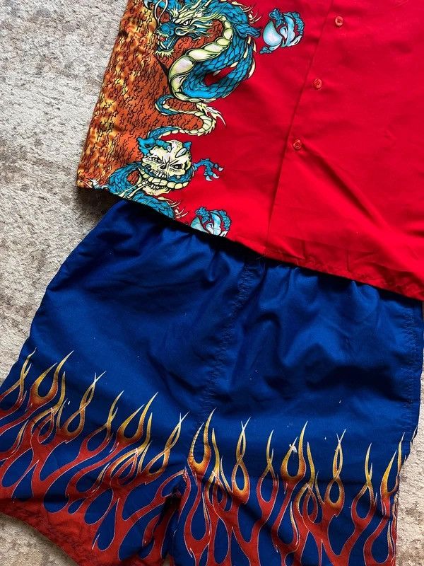 Other Y2K Flames Dragon Skull Fishbone Shirt + Laos Shorts Vintage Size 36S - 5 Thumbnail